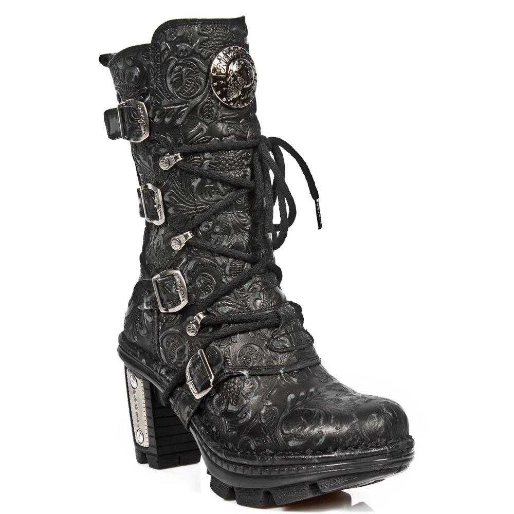 New Rock NEOTR005-S25 Vintage Floral Black Gothic Rock Punk Ladies Leather Boots - Knighthood Store