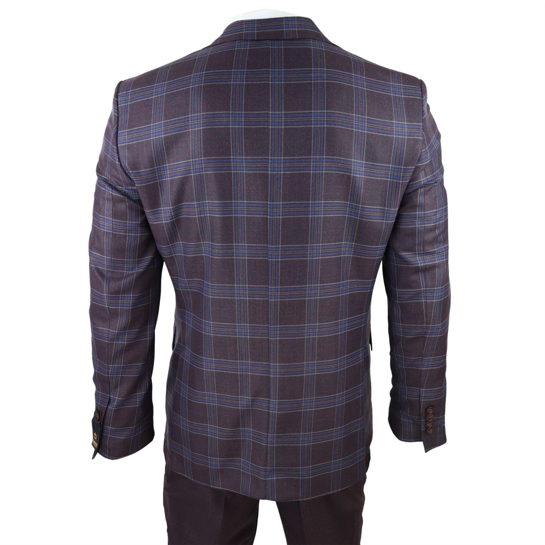 Mens 3 Piece Suit Purple Blue Check Check Contrasting Waistcoat Trouser Wedding - Knighthood Store