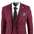 Mens Wine Maroon Check Herringbone Tweed Vintage Tailored Fit 3 Piece Suit Smart - Knighthood Store