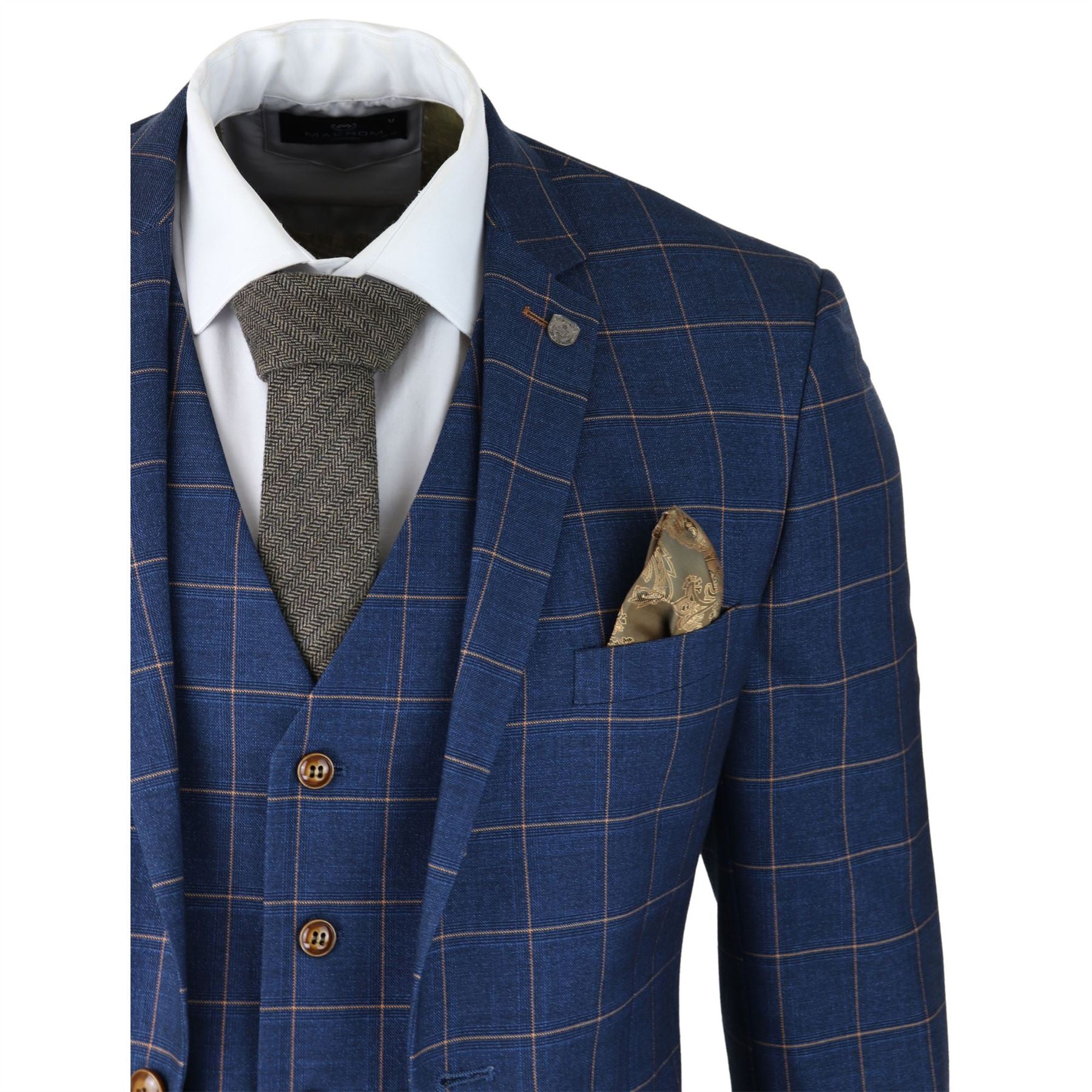 Mens 3 Piece Blue Orange Check Suit Retro Smart Tailored Fit Vintage