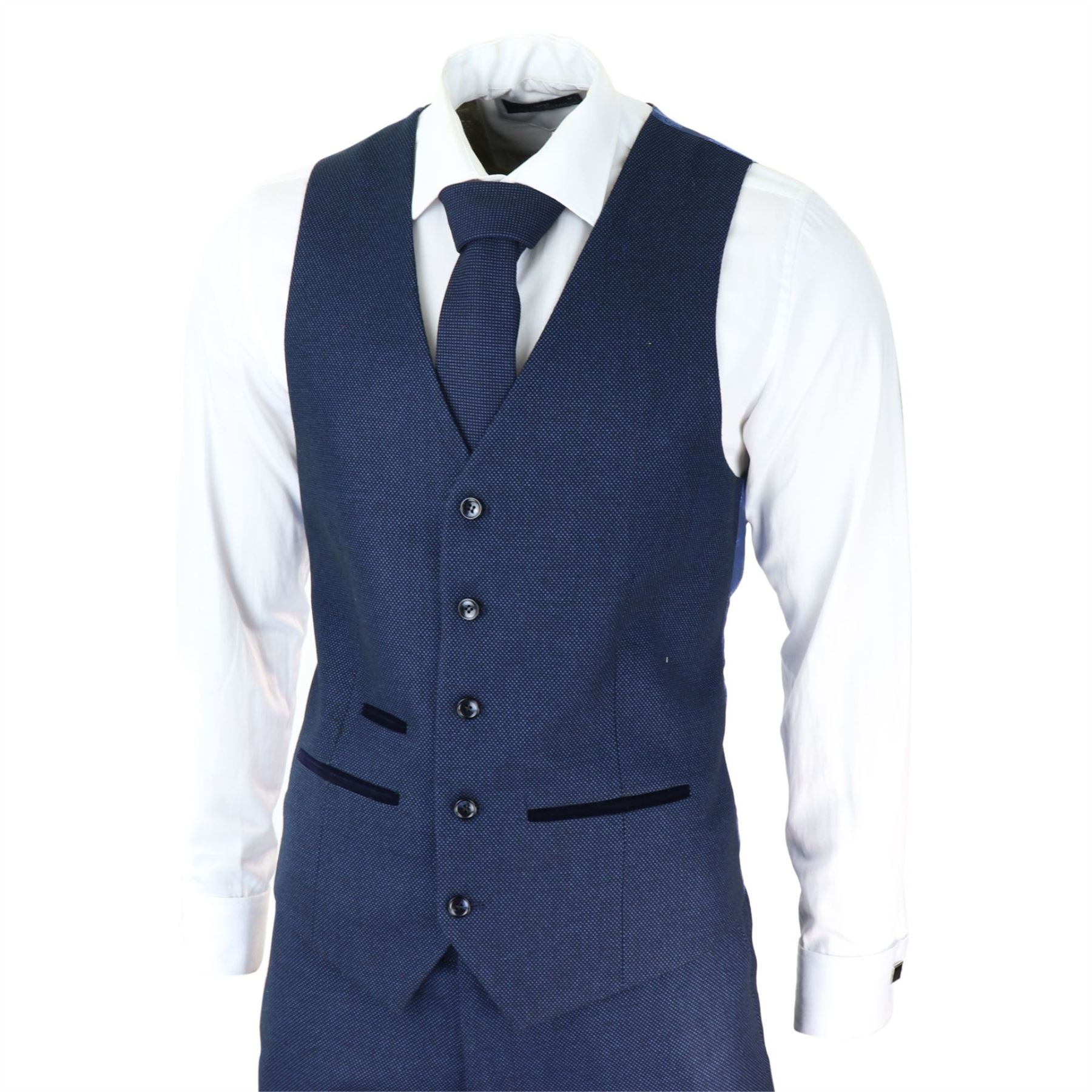 Mens Navy Blue 3 Piece Suit Birdseye Suit Wedding Prom Formal Smart Classic