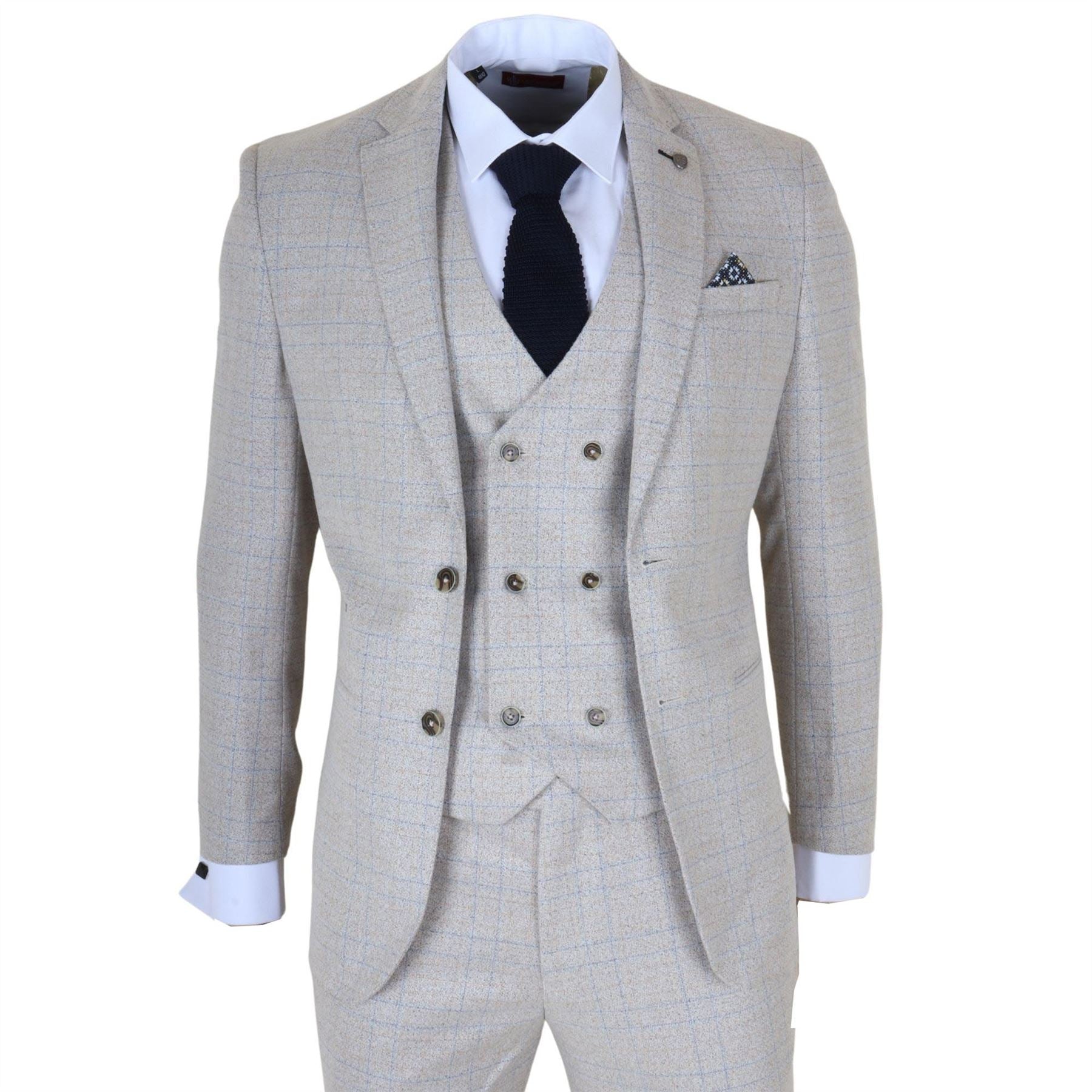 Luis - Men's Cream Plaid Check Slim Fit 3 Piece Suit