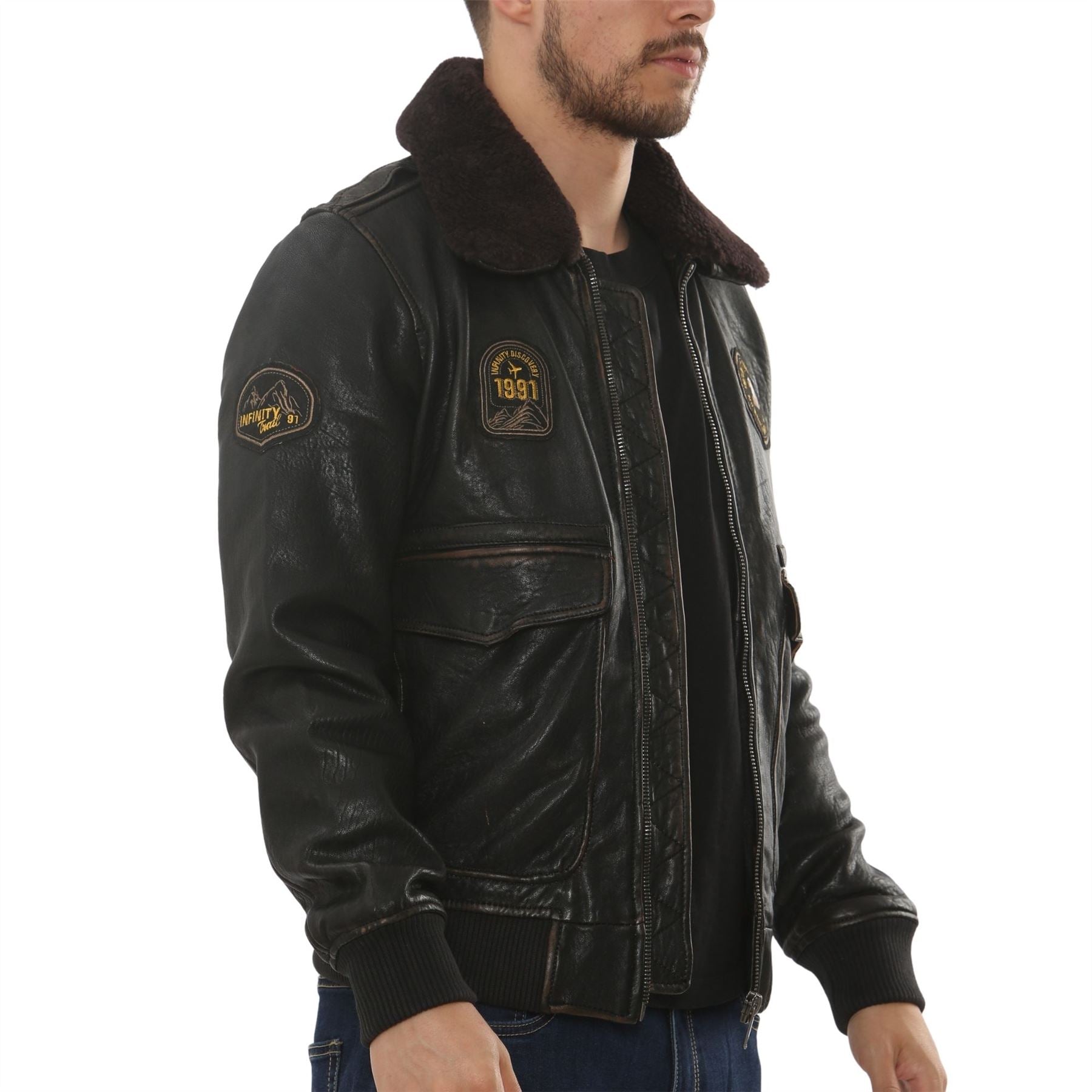 Men's Leather Bomber Jacket Fur Collar Aviator Coat