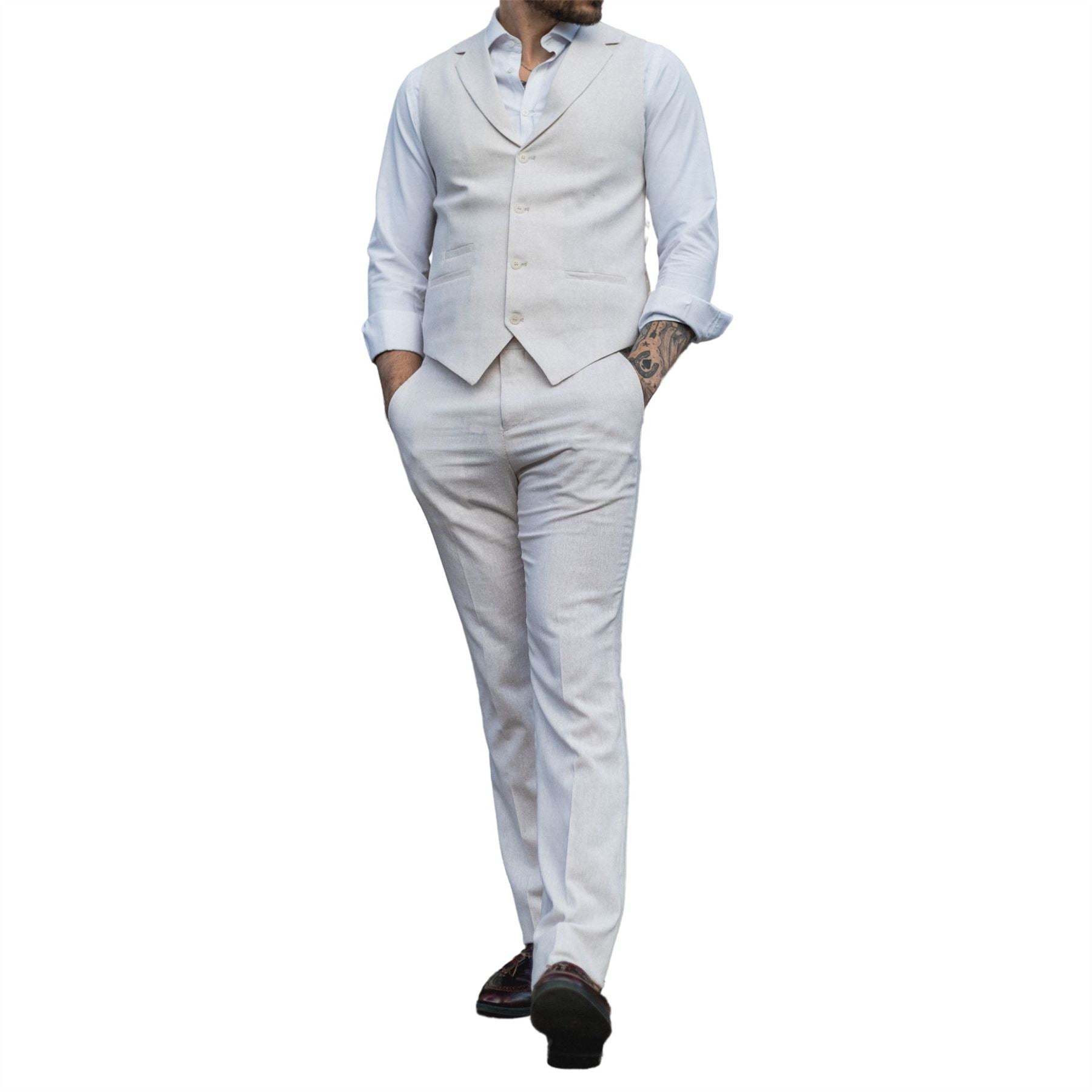 Mens Summer Suit Waistcoat Trousers Linen Smart Formal Cream Beige Wedding