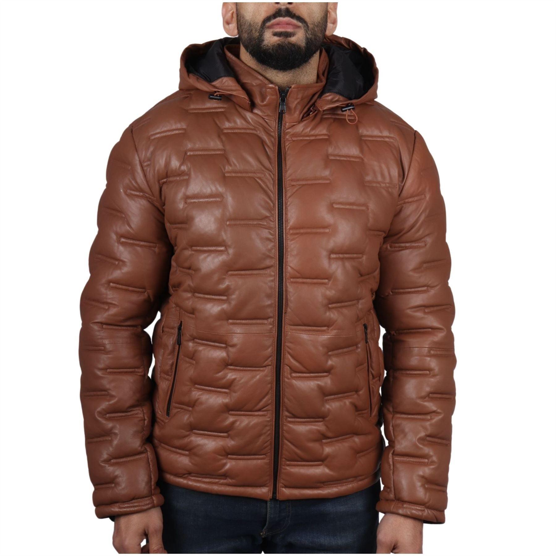 Men's Puffer Quilted Real Leather Jacket Hooded Casual - Knighthood Store