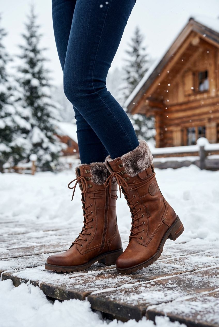 Women's Brown Mid-Calf Faux Fur Winter Combat Boots