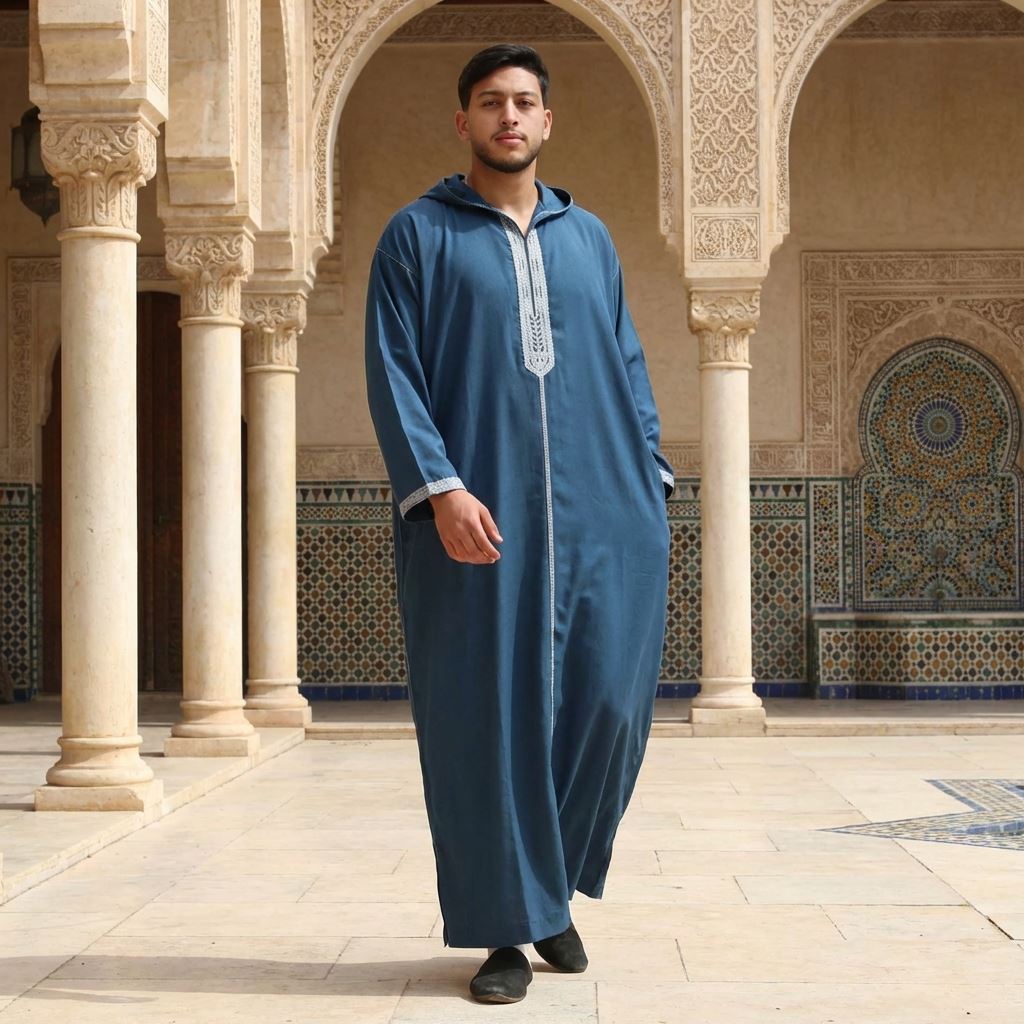 Men's Hooded Gandoura Embroidery Moroccan Thobe