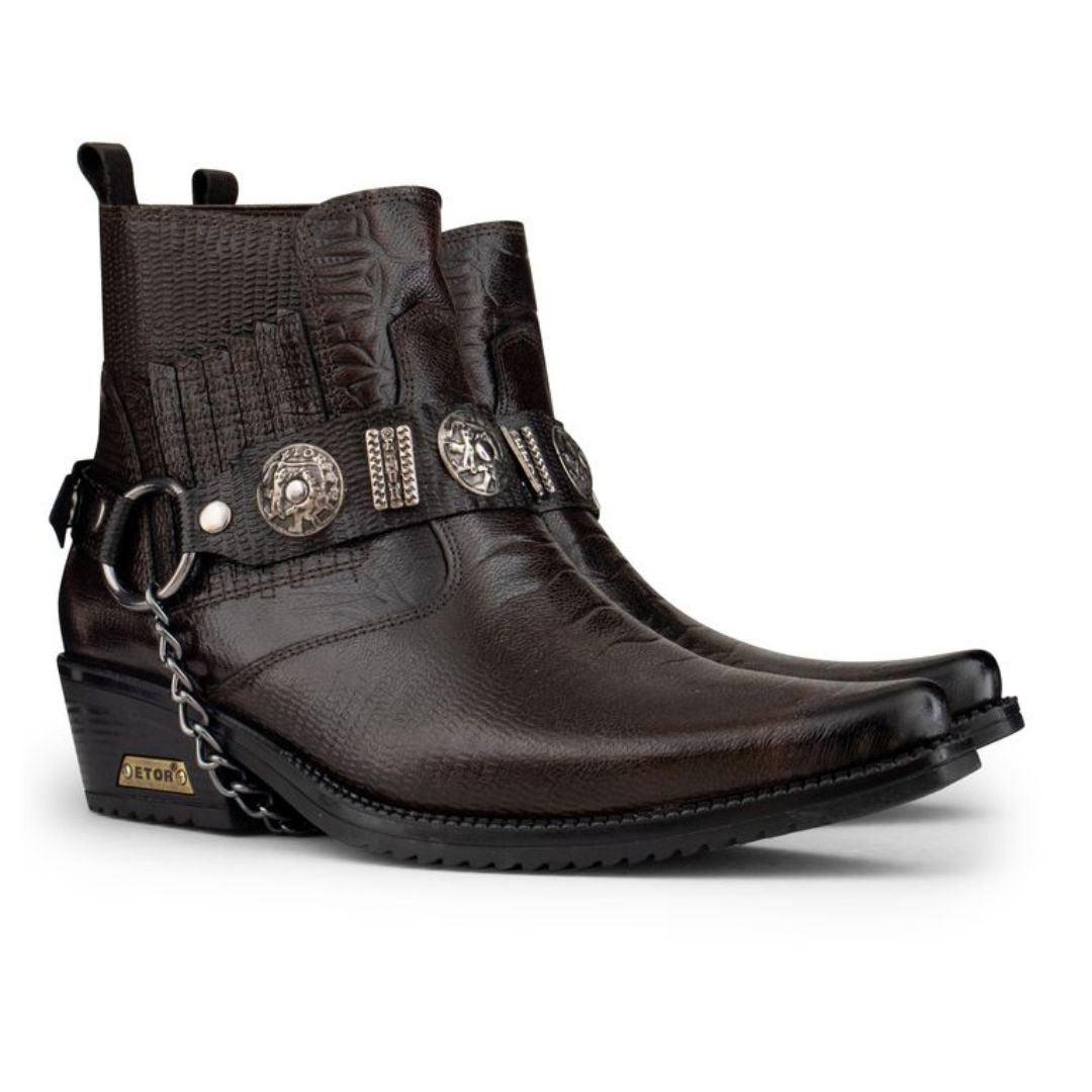 Mens Real Leather Cowboy Riding Ankle Boots Chain Western Heel Dancing - Knighthood Store