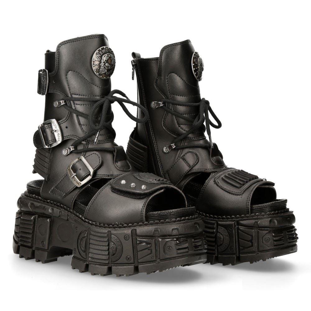 New Rock Boots BIOS107-V1 Black Vegan Leather Unisex Platform Sandal Biker Goth - Knighthood Store