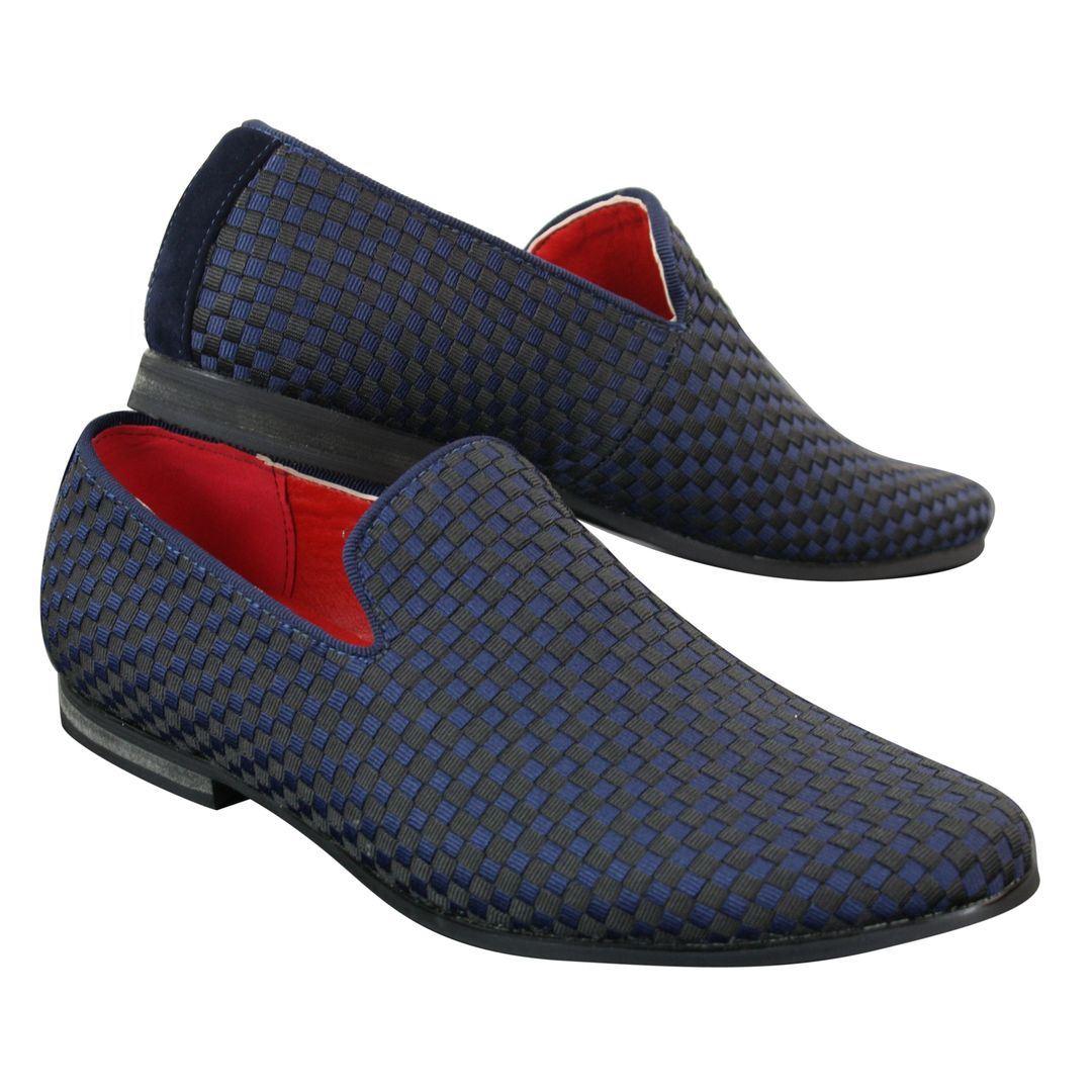 Mens Textured Slip On Black Blue Check Shoes Smart Casual Formal Italian Design - Knighthood Store