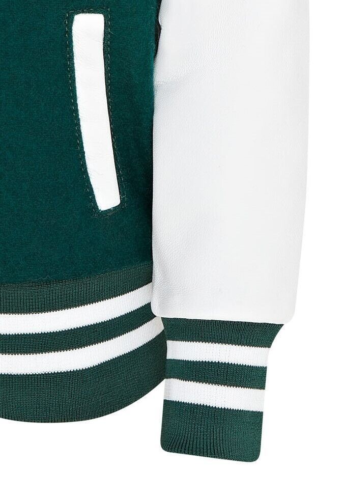 Kids Green White Varsity Bomber Jacket Wool Body Real Leather Sleeves