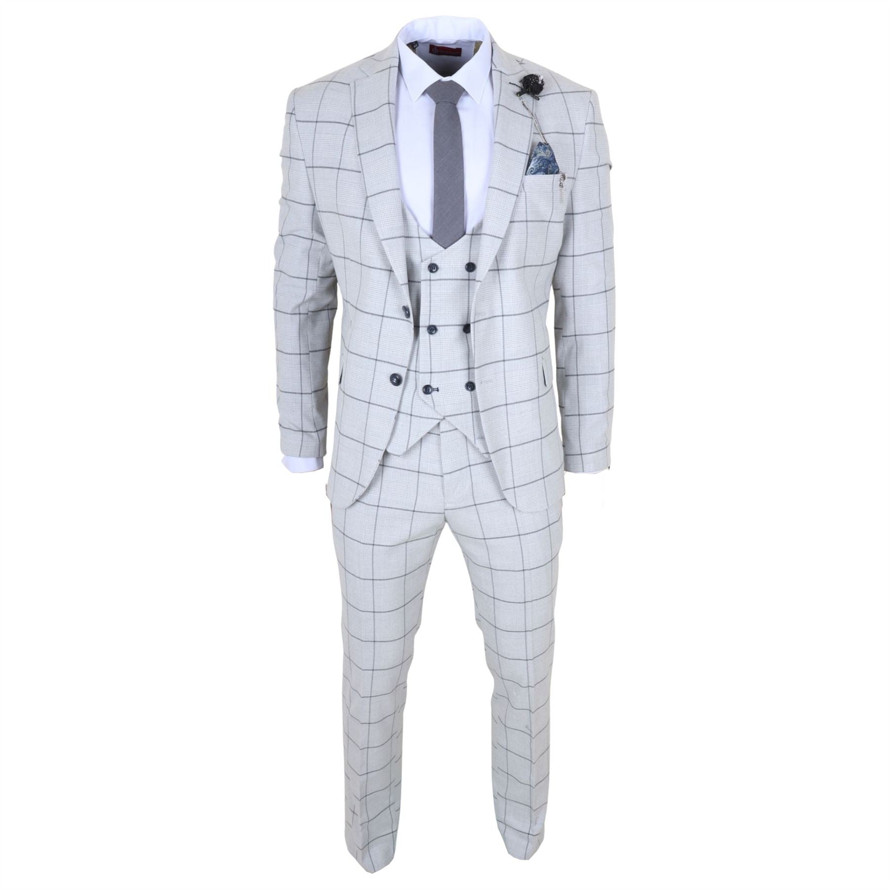 TP-33 - Men's 3 Piece Tailored Fit Grey Plaid Check Suit