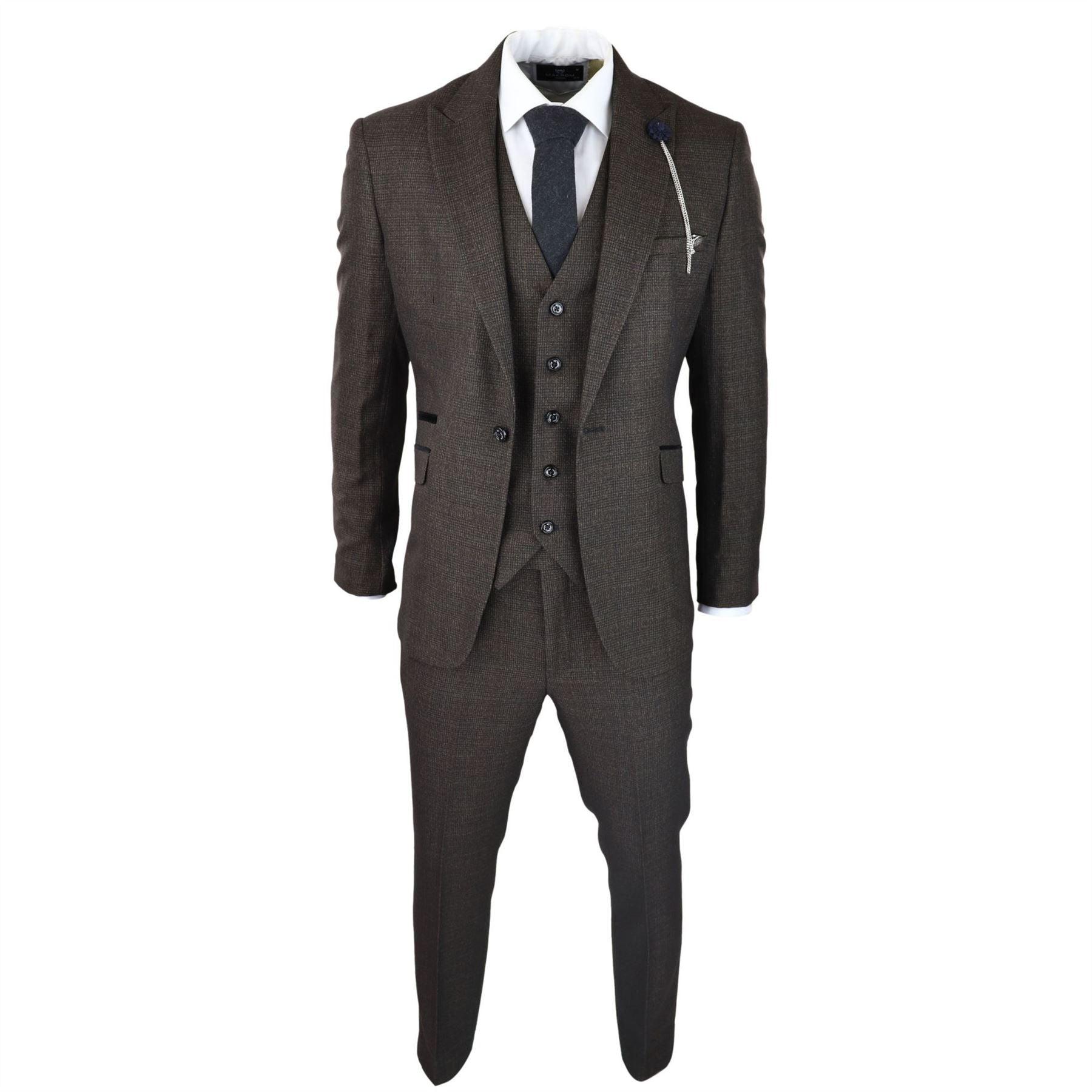Mens 3 Piece Check Suit Tweed Black Brown Tailored Fit Wedding Peaky Classic - Knighthood Store