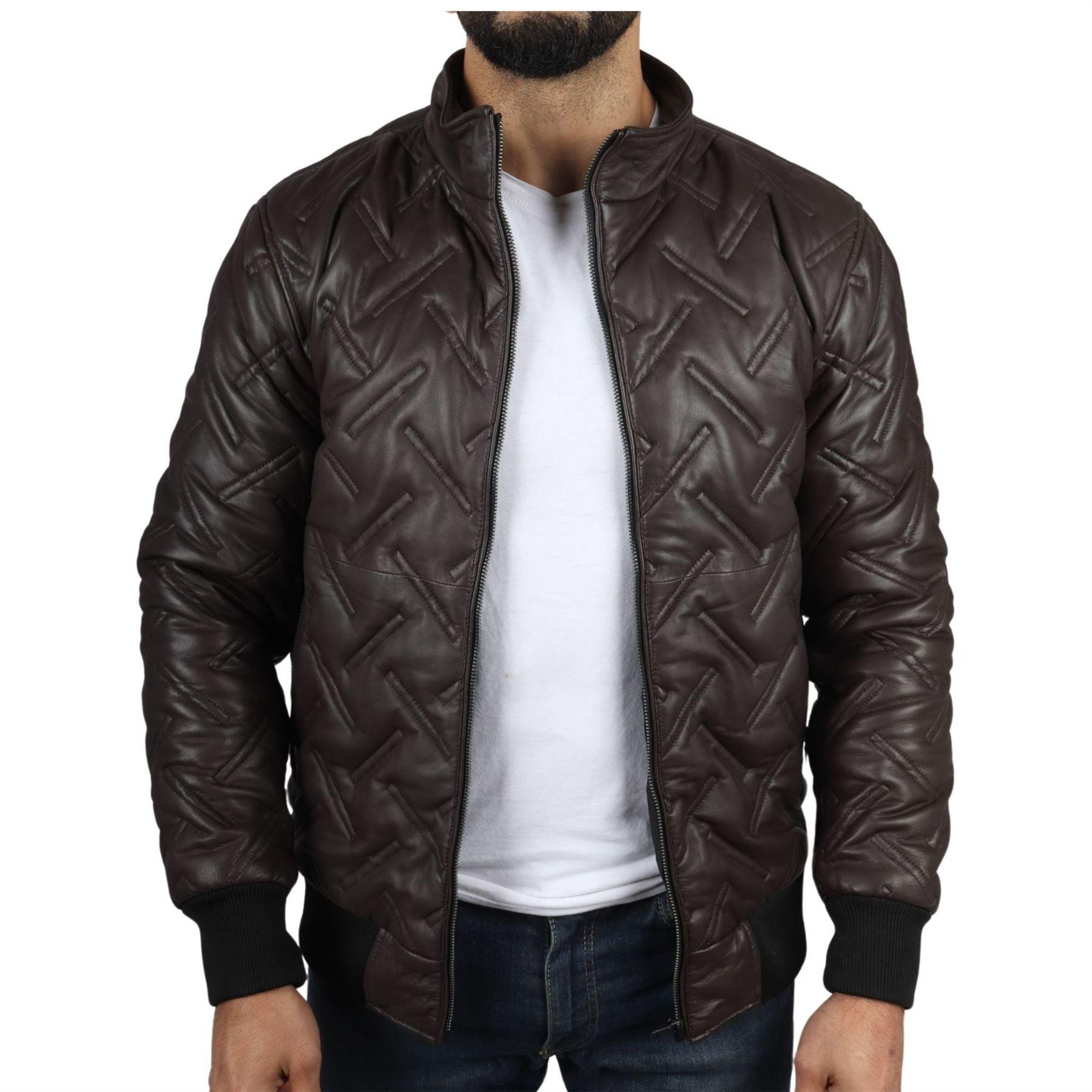 Men's Puffer Quilted Bomber Jacket Real Leather Casual - Knighthood Store