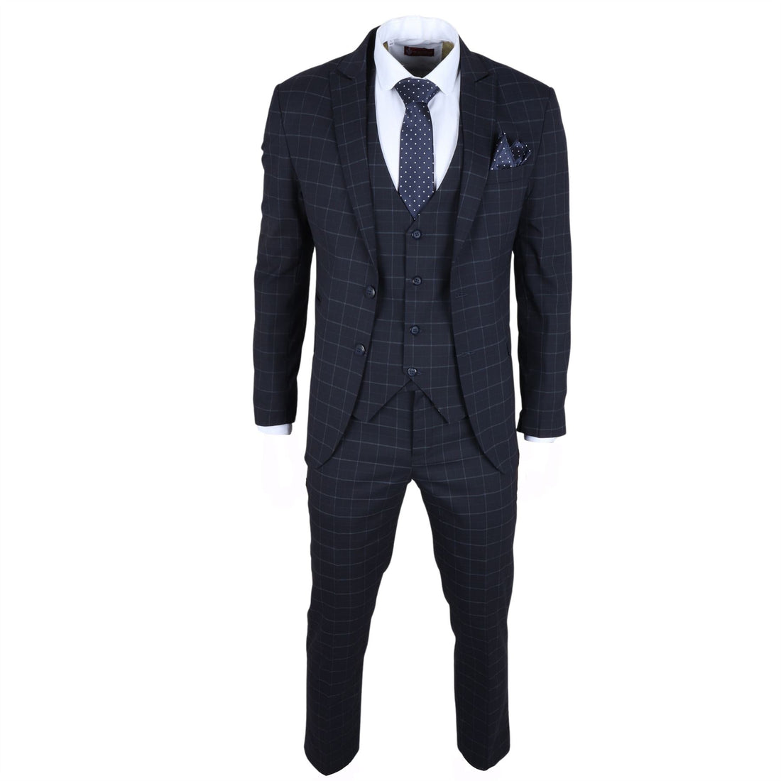 Men's Suit Navy Blue Checked Tailored Fit 3 Piece Formal Dress