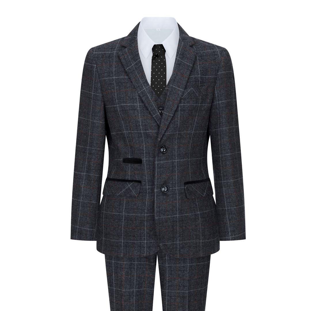 Boys Grey Black 3 Piece Tweed Suit Herringbone Wine Vintage Retro - Knighthood Store