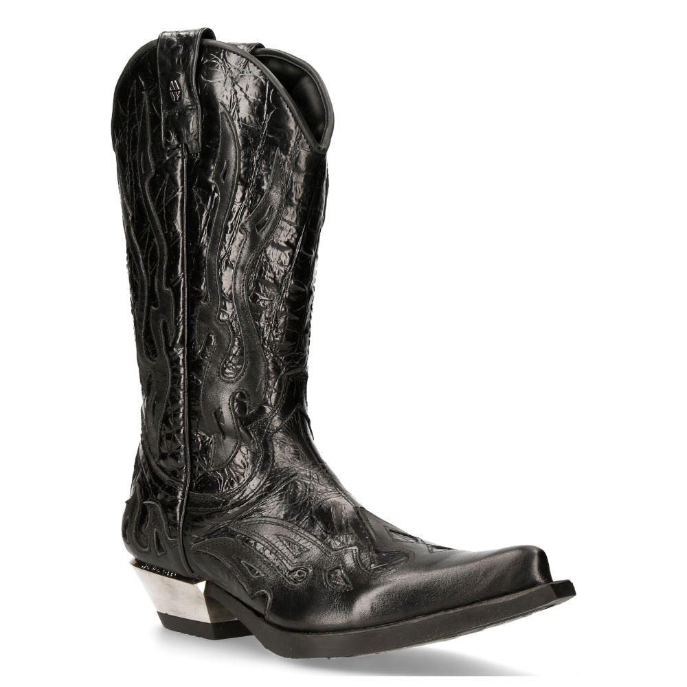 NEW ROCK M-7921-S1 BLACK FLAME BOOTS Black Leather Heavy Biker Western Cowboy - Knighthood Store