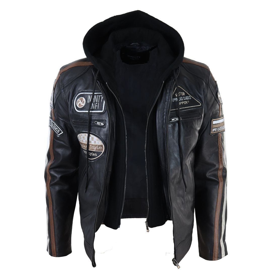 Men's Hooded Zipped Biker Leather Jacket | Infinity