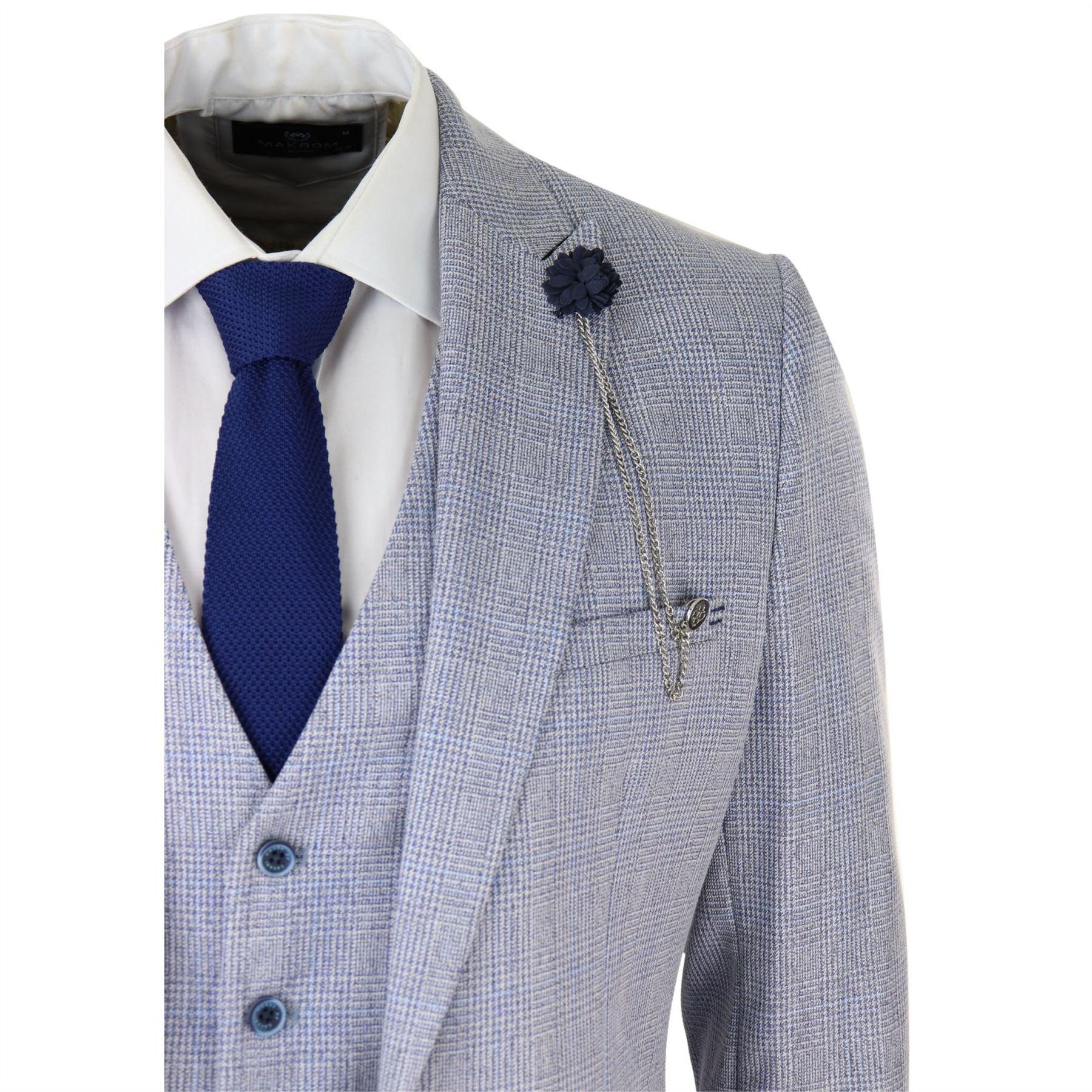Mens 3 Piece Check Suit Tweed Light Blue Tailored Fit Wedding Peaky Classic - Knighthood Store