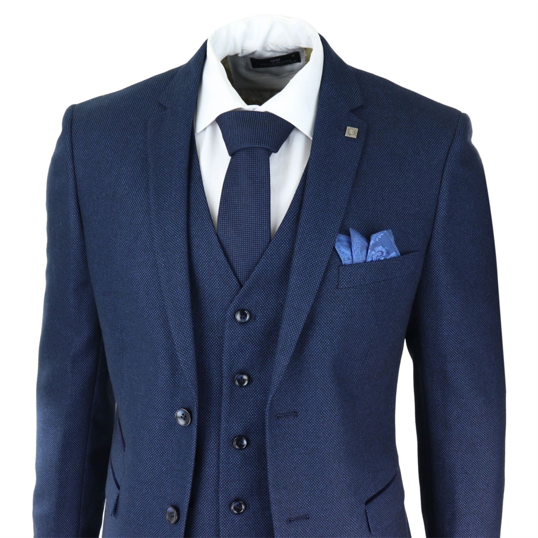 Mens Navy Blue 3 Piece Suit Birdseye Suit Wedding Prom Formal Smart Classic