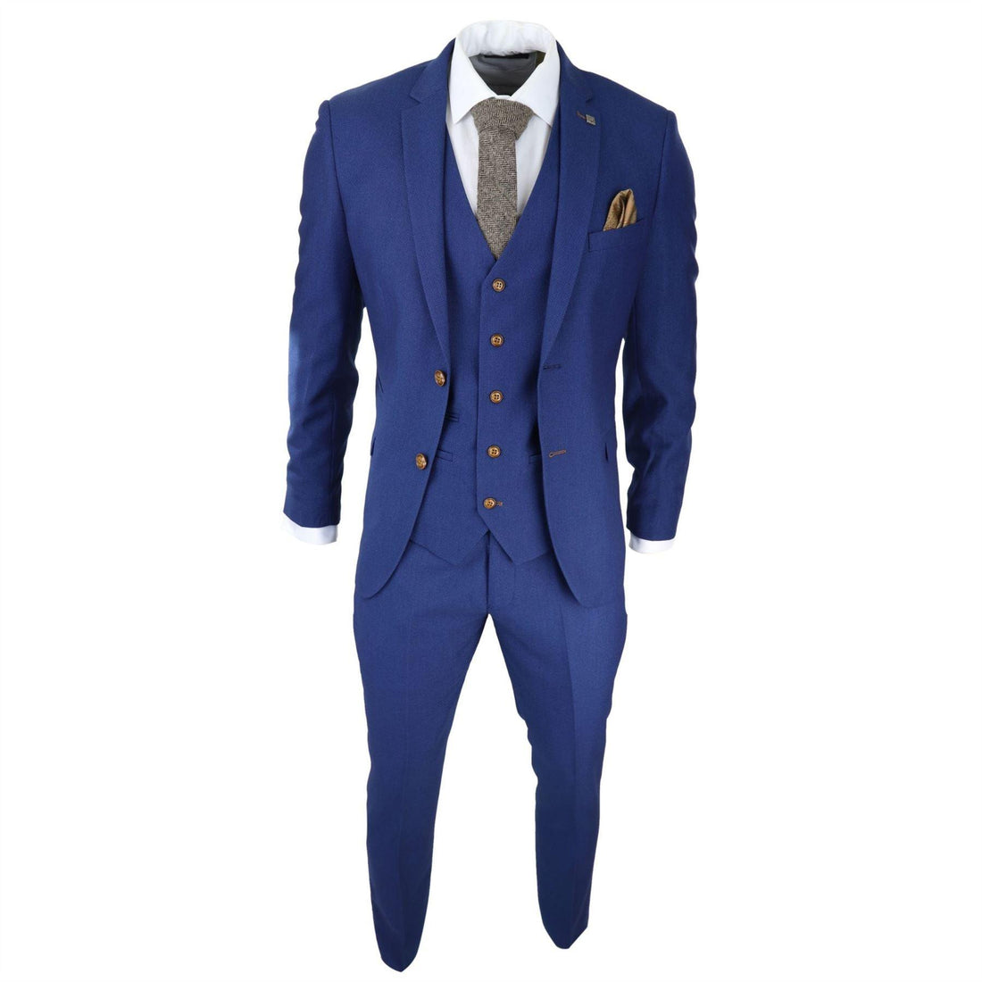 Mens Royal Blue 3 piece Suit Brown Trim Classic Birdseye Vintage Wedding Grooms - Knighthood Store