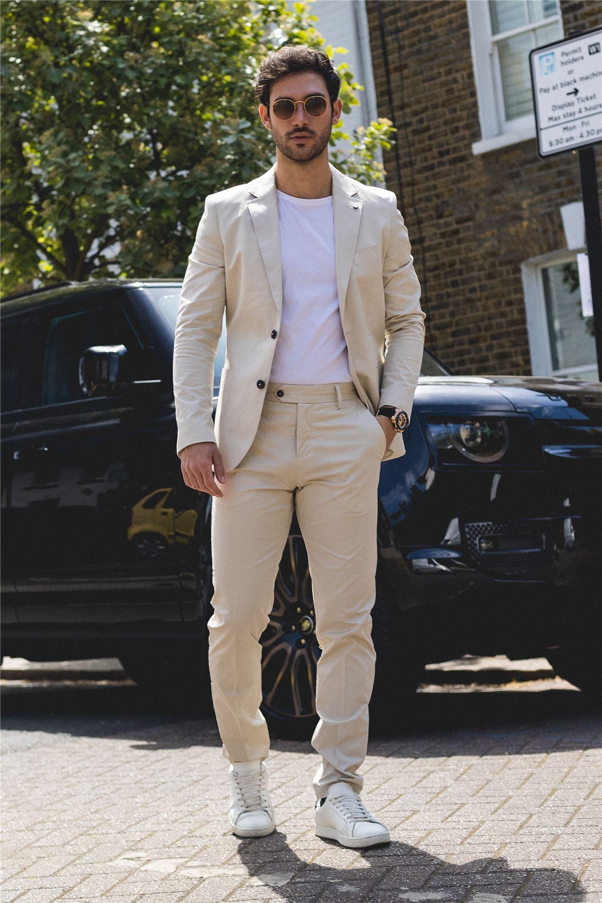 Mens 2 Piece Summer Suit Beige Office Wedding Smart Casual Classic Italian Tailored Fit - Knighthood Store