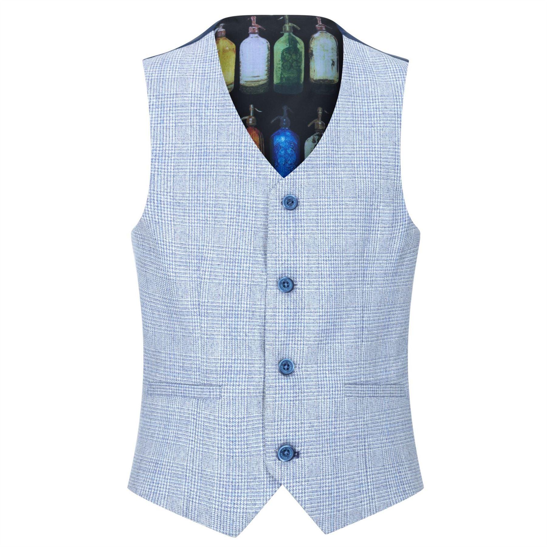 Boys 3 Piece Check Suit Tweed Light Blue Tailored Fit Wedding Peaky Classic - Knighthood Store