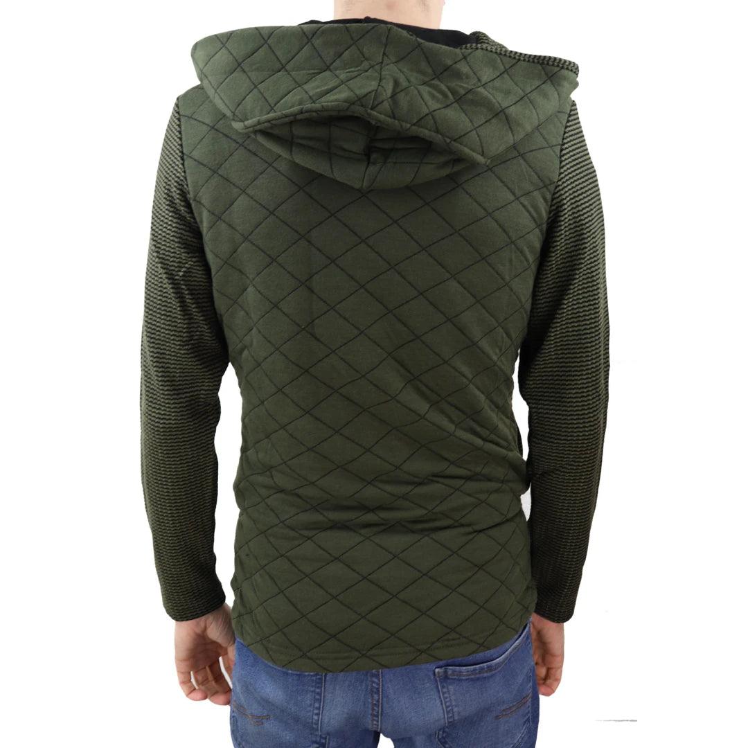Mens Hood Zip Olive Green Knitted Jumper Diamond Quilted Cardigan Tailored Fit - Knighthood Store