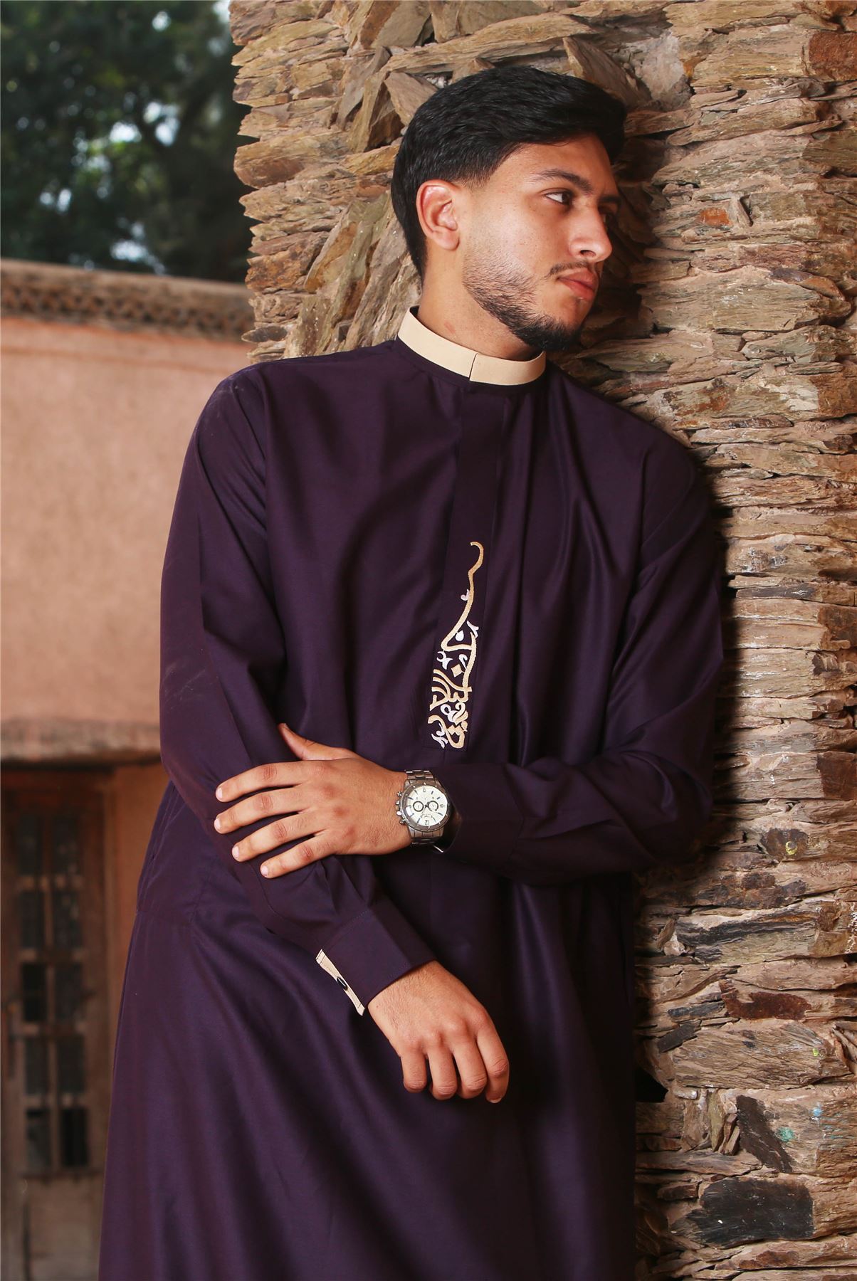 Men's Thobe Jubba Nehru Round Collar Islamic Clothing Muslim Kaftan Embroidery Eid Robe Saudi