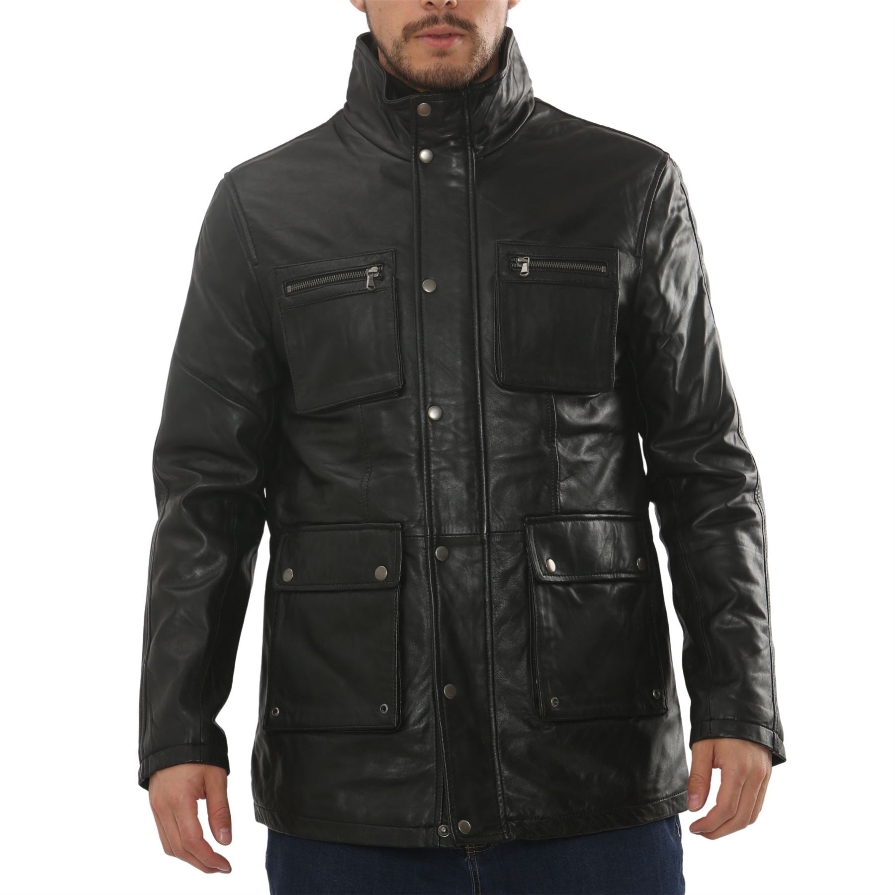 Men's Lambskin Leather Stand Collar Field Jacket