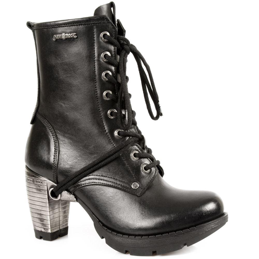New Rock TR001-S1 Ladies Trail Black 100% Leather Gothic Punk Lace Boots - Knighthood Store