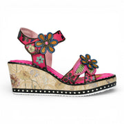 Ballon 08 - Women's Pink Floral Leather Wedge Sandals