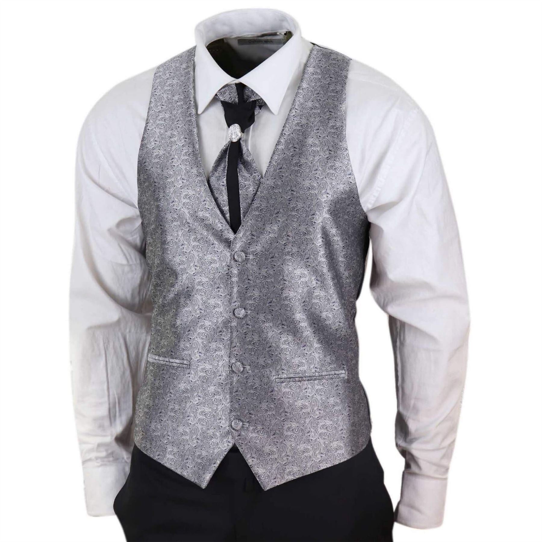 Mens 4 Piece Wedding Suit Groom Shawl Collar Vintage Black Silver Cravat Tailor