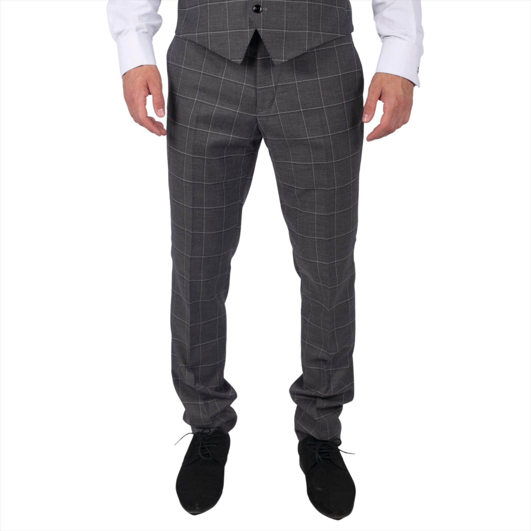 Mens Grey Check Trousers Vintage Retro Smart Wedding Classic Tailored Fit Light - Knighthood Store