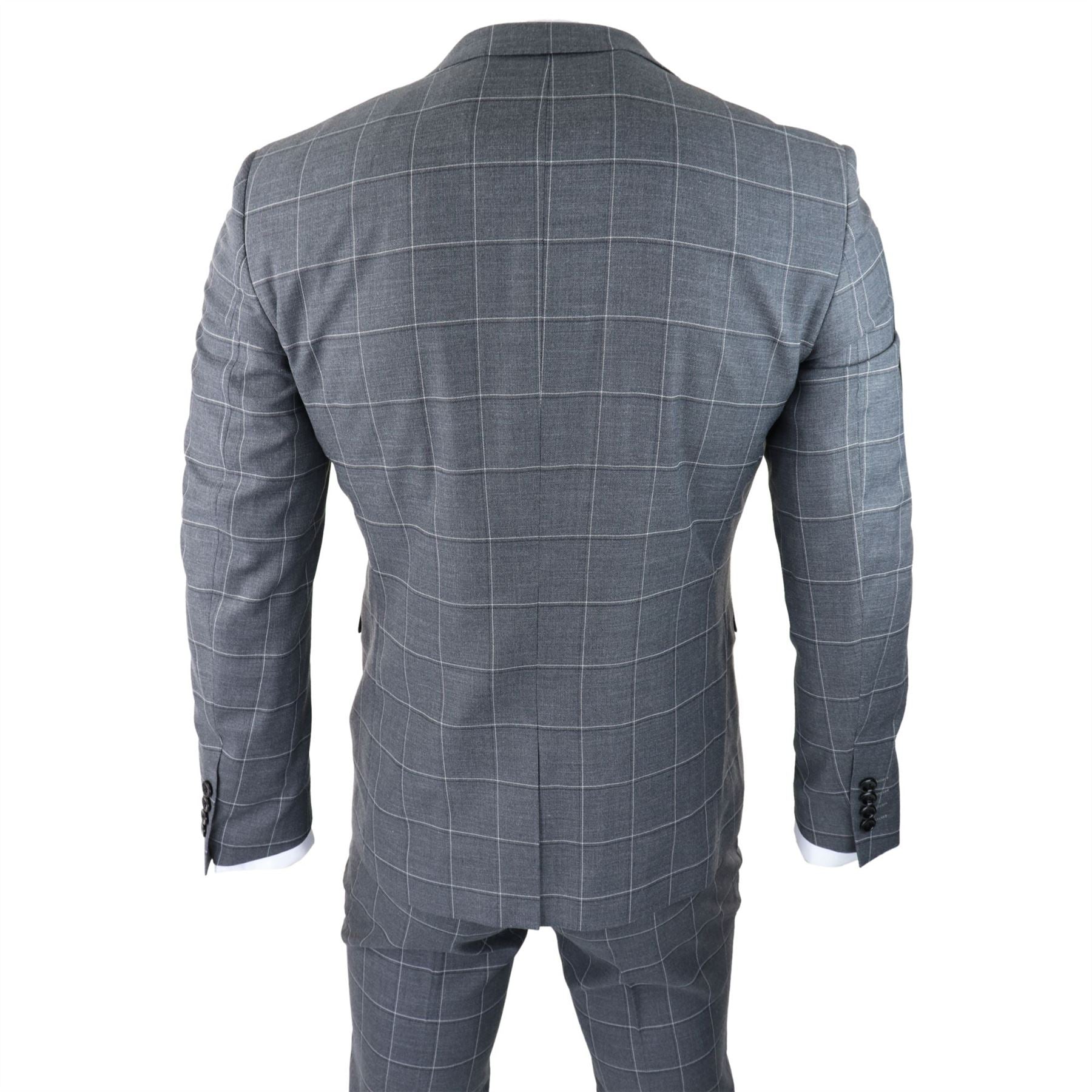 Mens Grey Check 3 Piece Suit Vintage Retro Smart Wedding Classic Tailored Fit Light