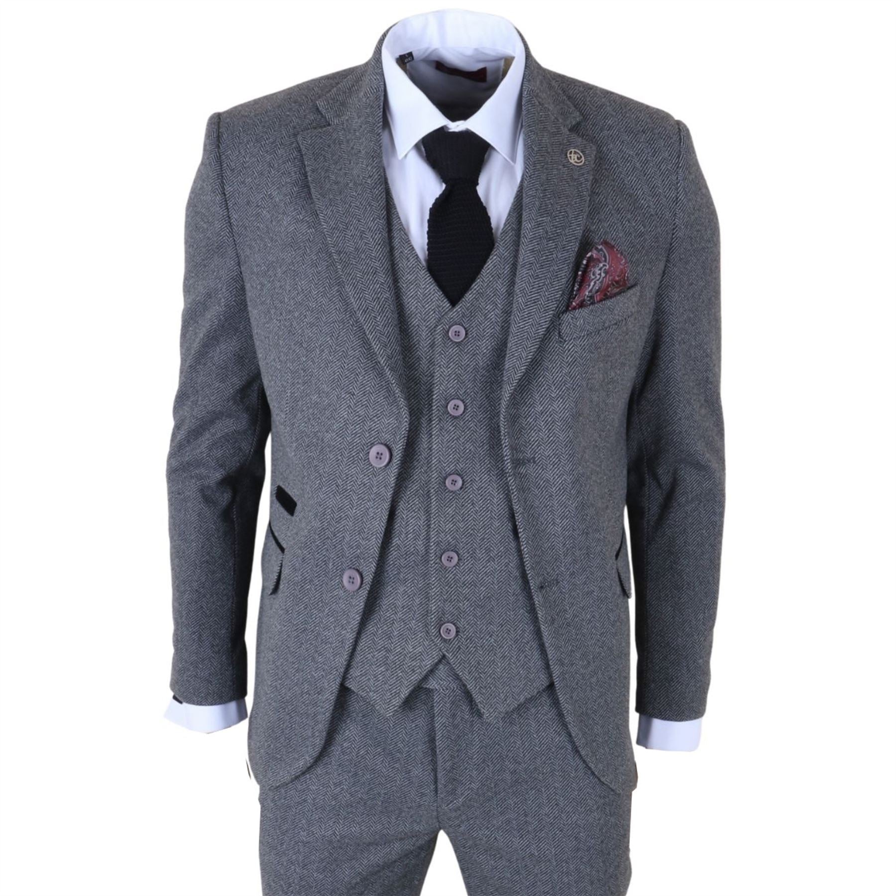 IM41 - Men's Grey 3 Piece Tweed Herringbone Suits