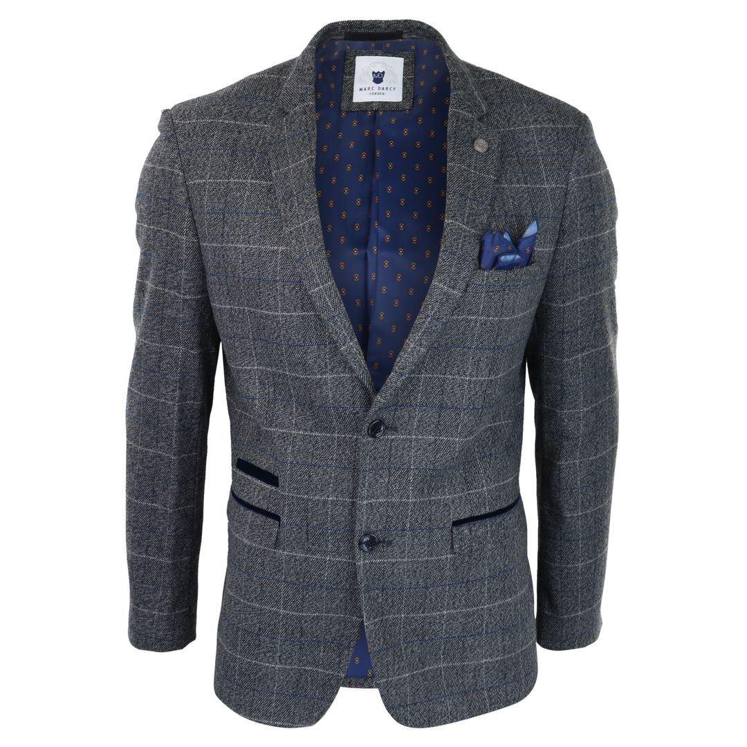 Mens Blue Check Blazer Herringbone Tweed Vintage Tailored Fit Grey Velvet - Knighthood Store