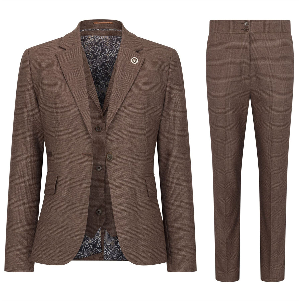 Women's Suit 3 Piece Brown Prince Of Wales Check Tailored Fit Business Formal Ladies Dress - UK 8
