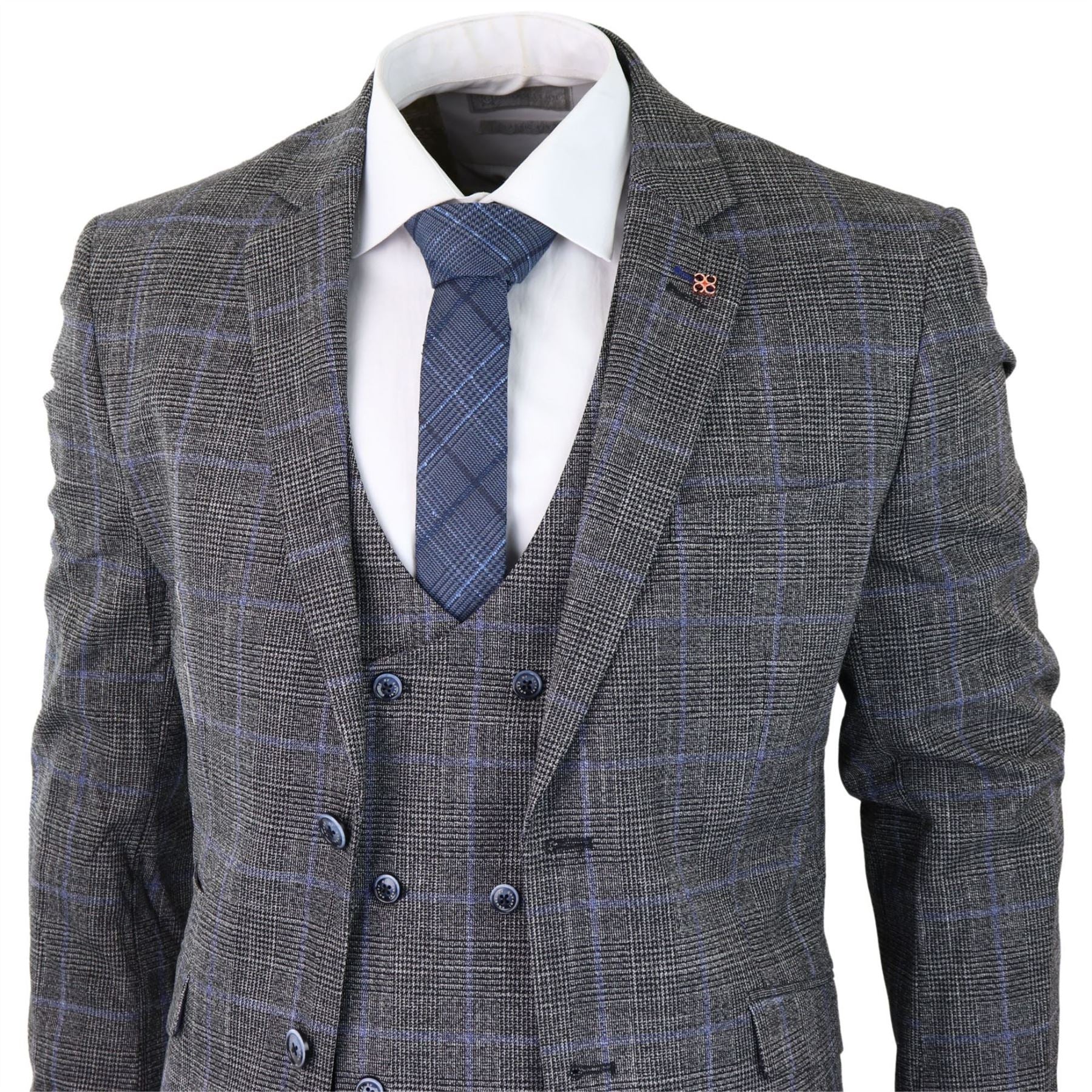 Mens 3 Piece Tailored Fit Suit Check Grey Blue Double Breasted Vintage Wedding