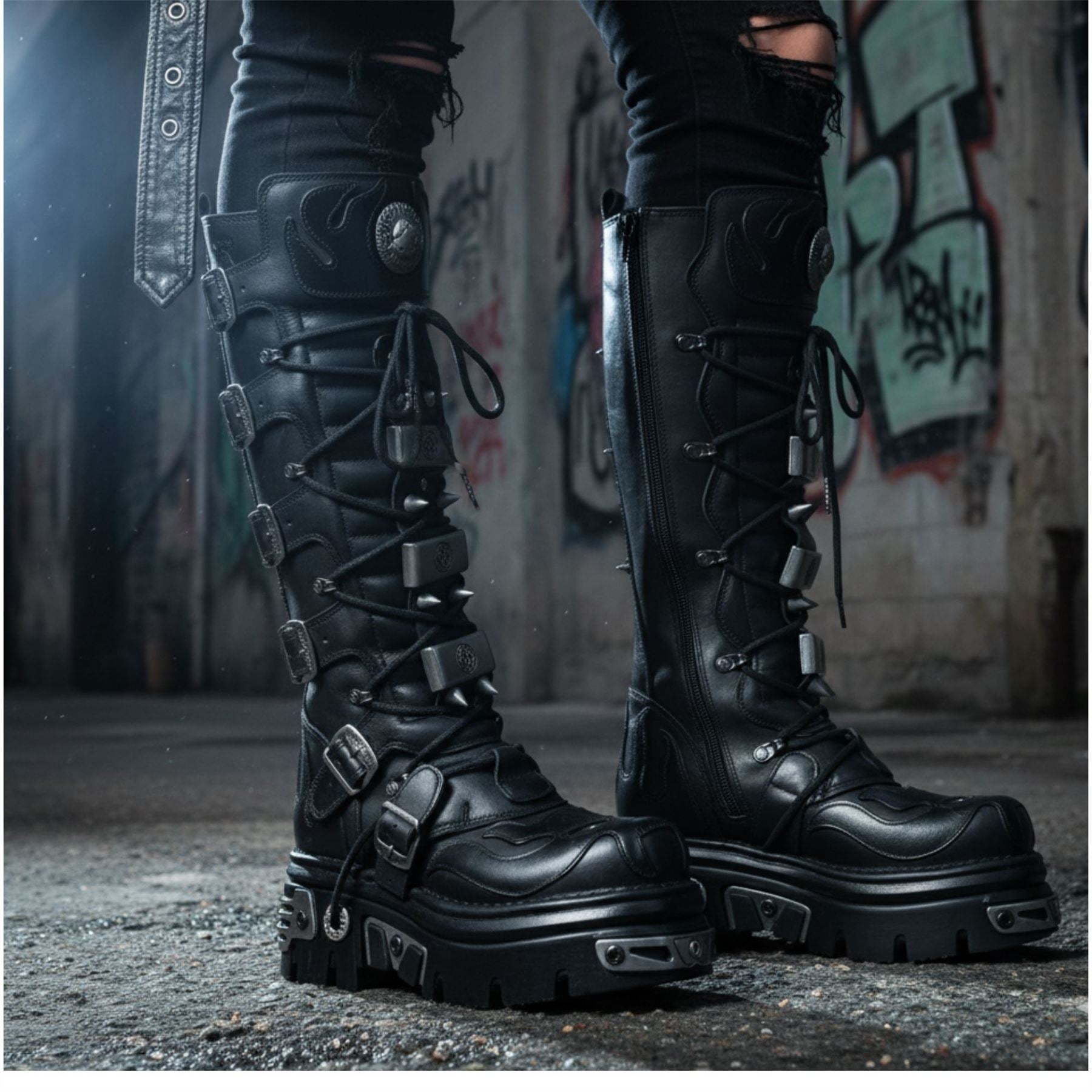 New Rock M-161-C10 Knee High Black Leather Gothic Boots