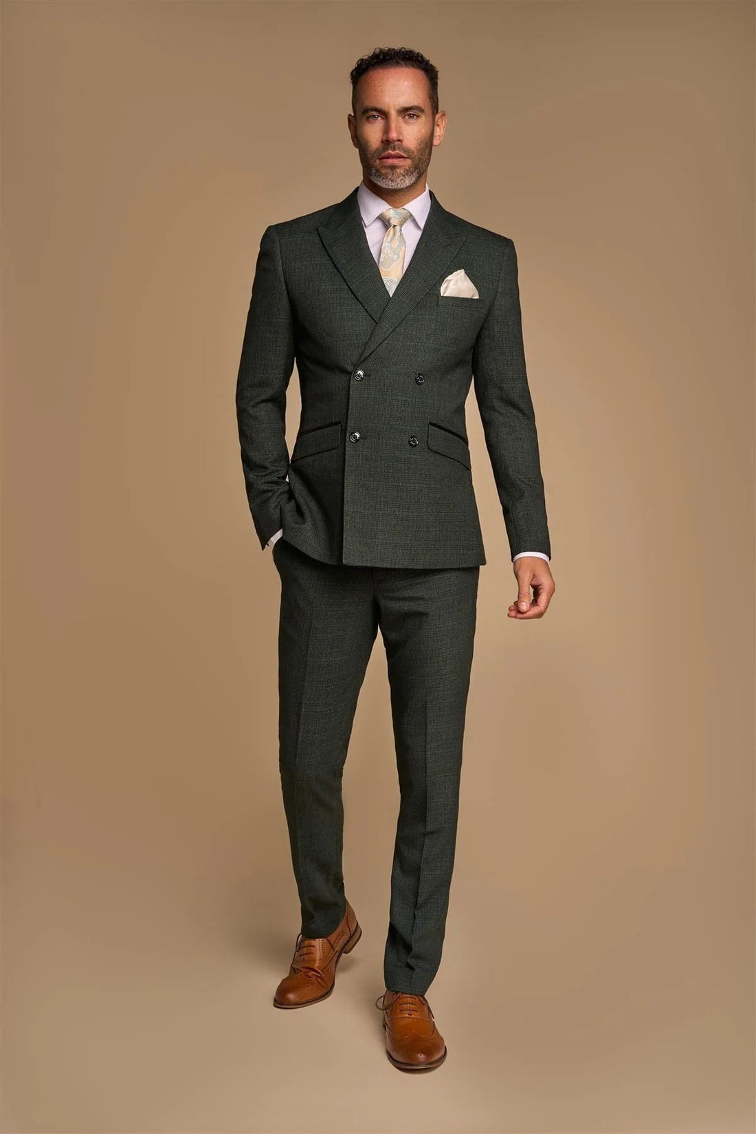 Men's Suit 2 Piece Olive Green Double Breasted Tailored Fit