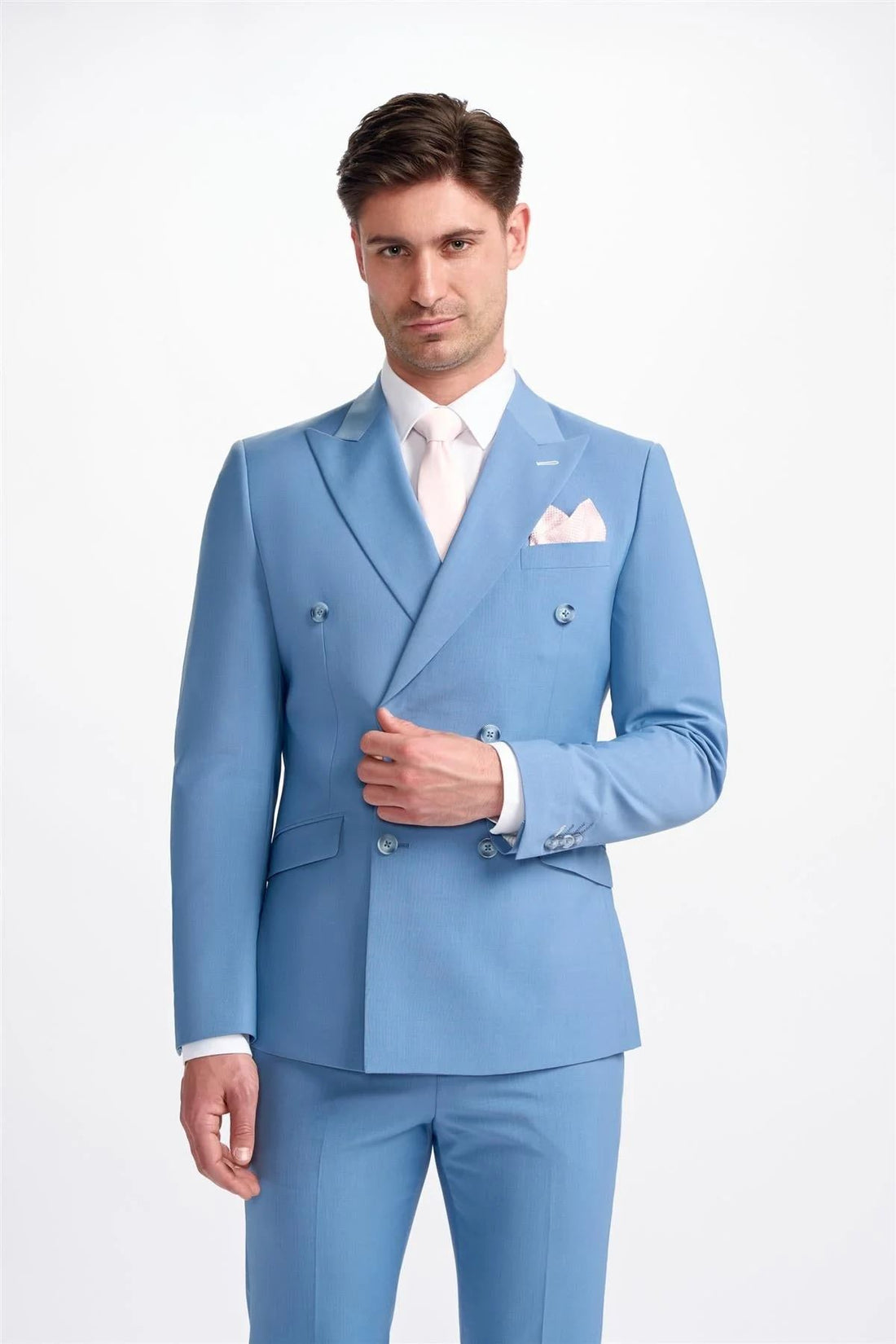 Men's Suit Sky Blue 2 Piece Double Breasted Tailored Fit Formal Wedding Dress