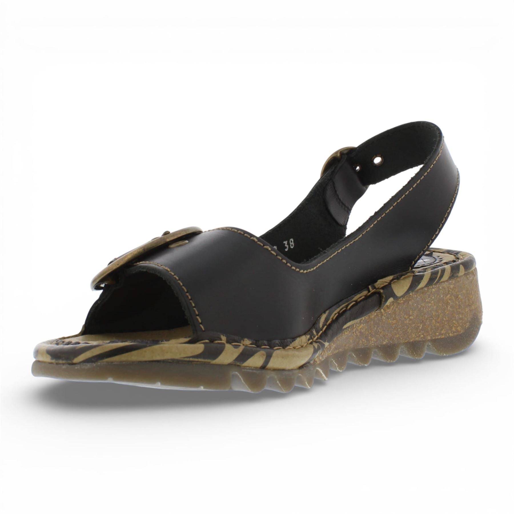 TRAM723FLY - Women’s Black Leather Wedge Sandals