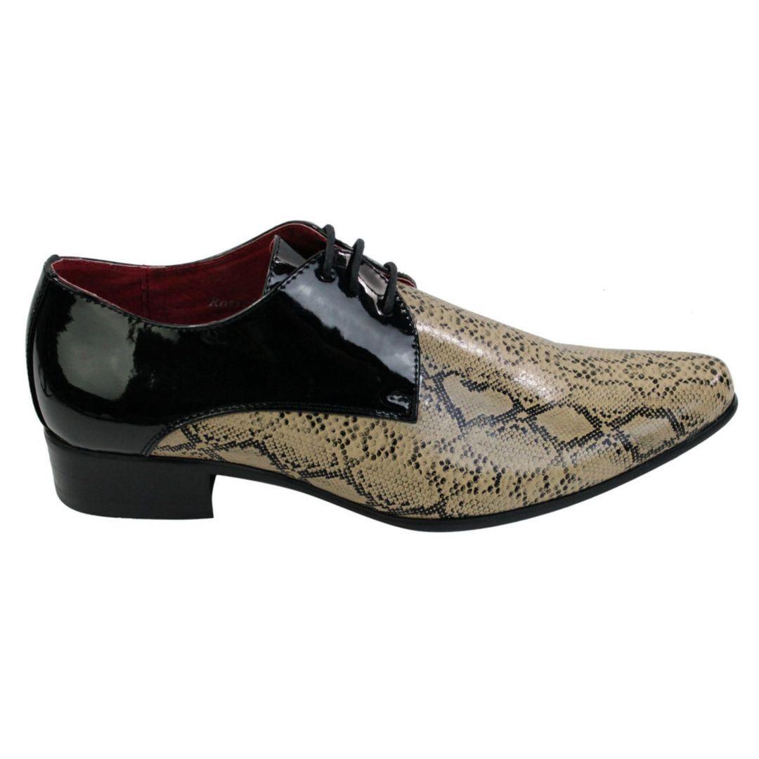 Mens Black Beige Snake Skin Patent Shiny Leather Shoes Italian Design Laced - Knighthood Store