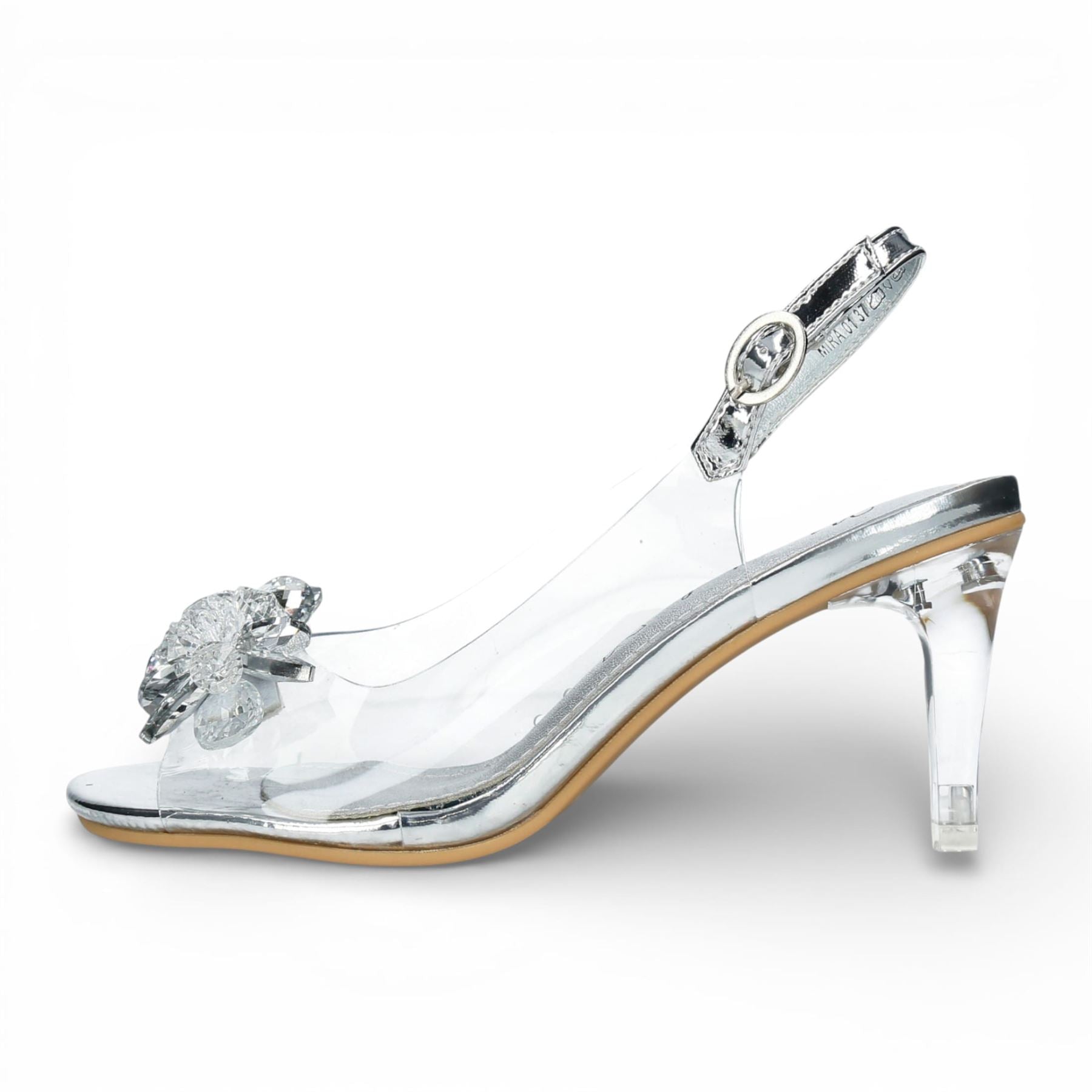 Mira 01 - Women’s Clear Silver Slip-On Heel Sandals