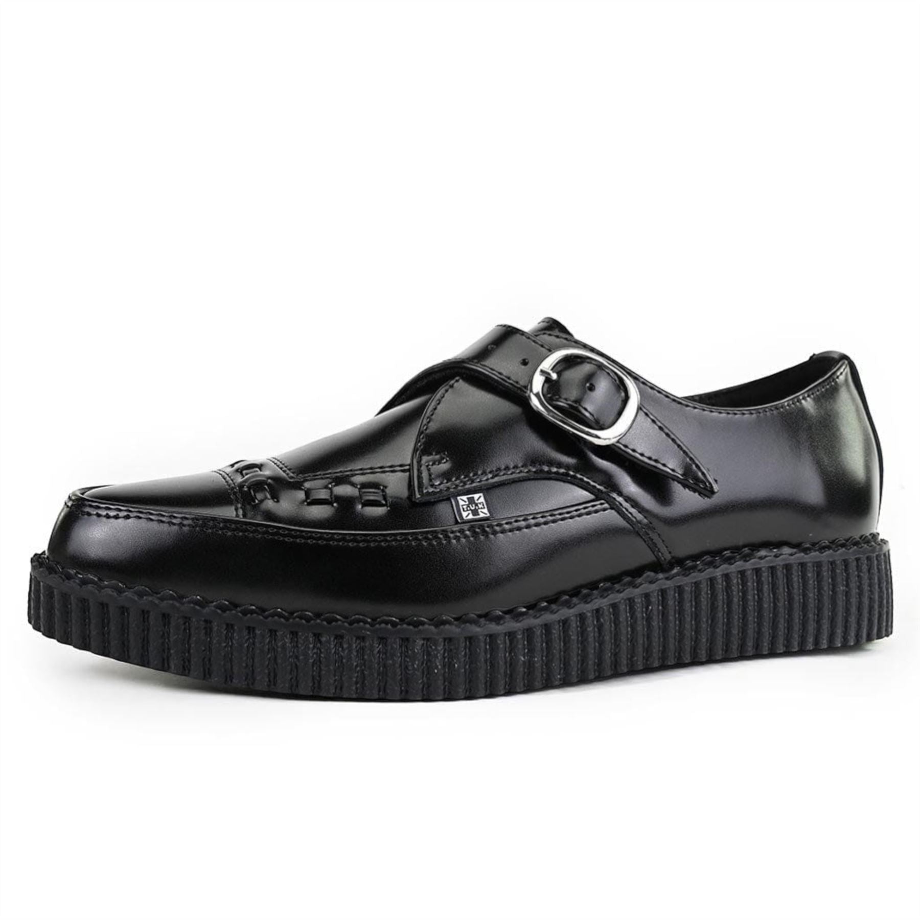 Pointed Creeper Black Leather Monk Buckle Platform Shoes