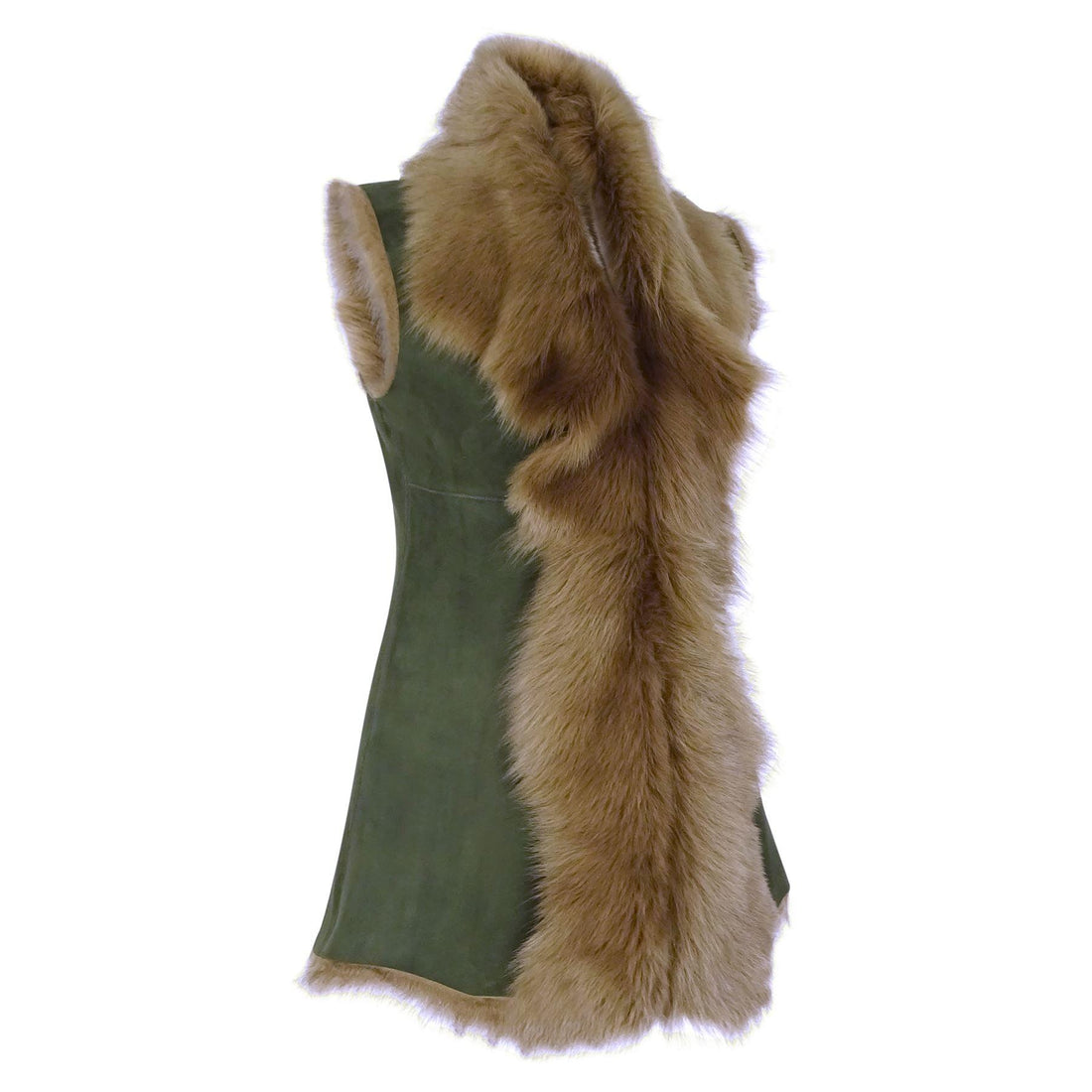 Ladies Women Real Spanish Shearling Sheepskin Toscana Olive Long Waistcoat Gilet - Knighthood Store