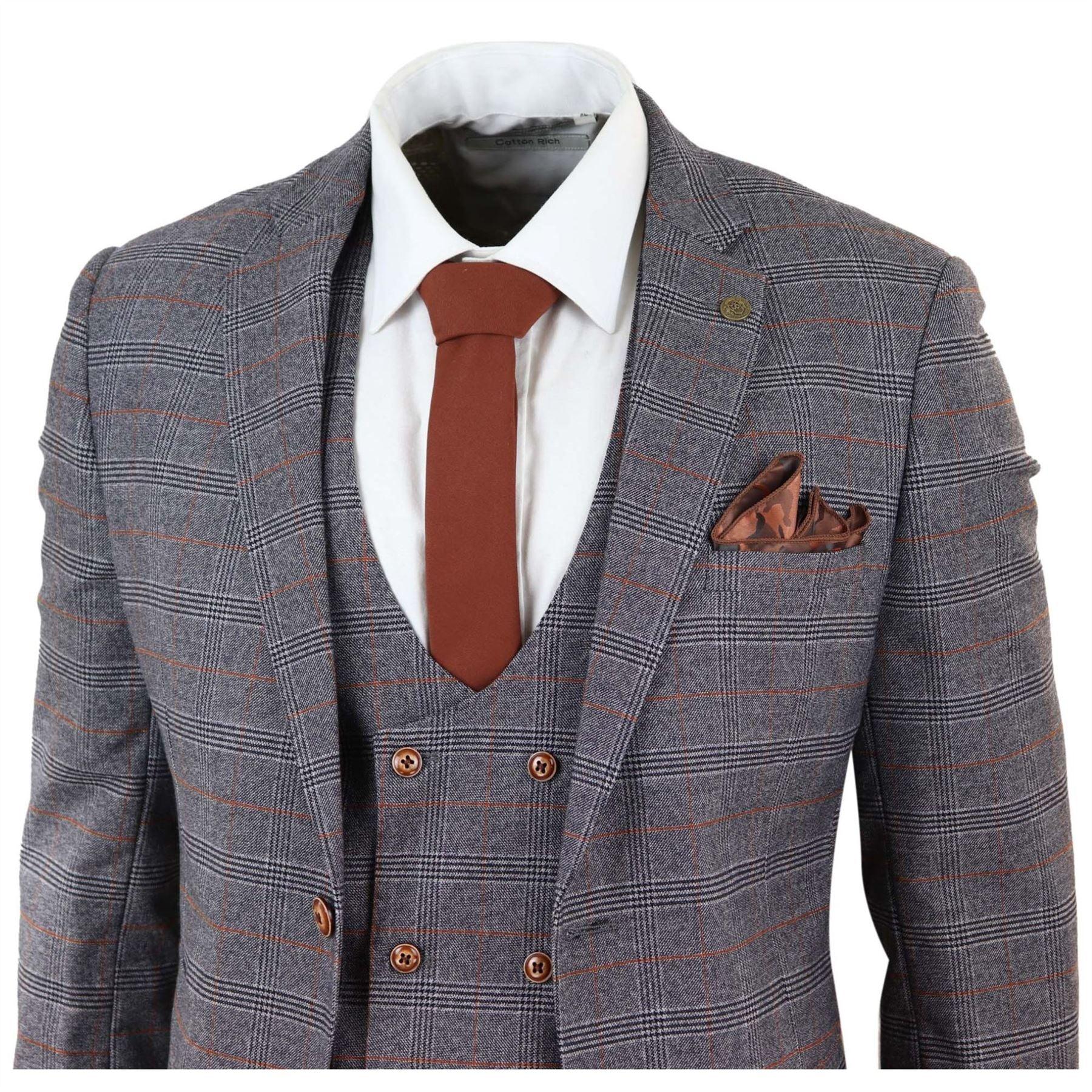 Grey Tweed 3 Piece Suit Prince Of Wales Check Slim Fit Double Breast Waistcoat - Knighthood Store