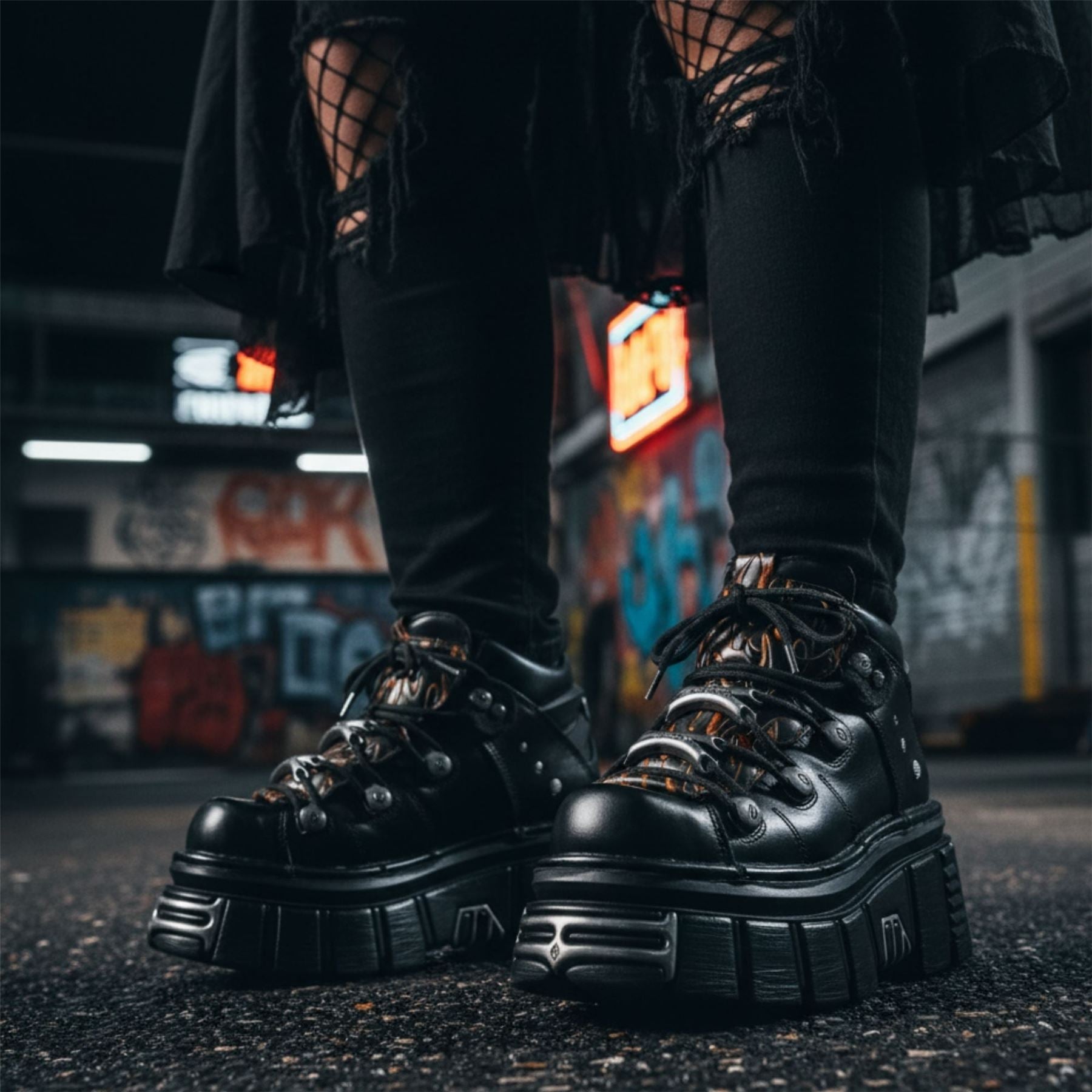 New Rock M-106N-C86 Black Flame Leather Ankle Platform Boots