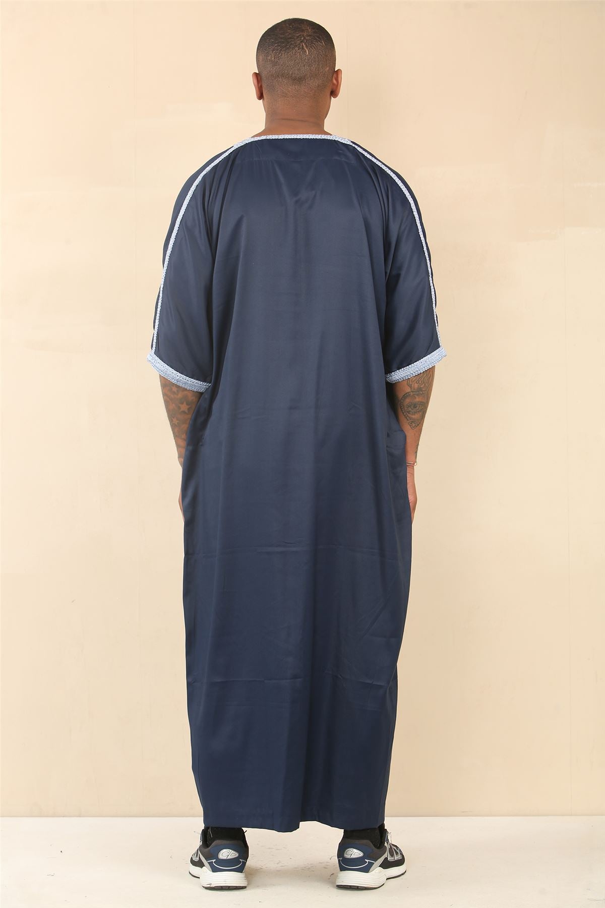 Men's Navy Moroccan Thobe Short Sleeve Gandoura Blue Embroidery Kaftan